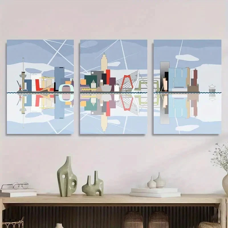3-Piece Abstract City Skyline Metal Wall Art - Modern Geometric Urban Decor - Ready to Hang Canvas Prints for Living Room, Bedroom & Office Decor