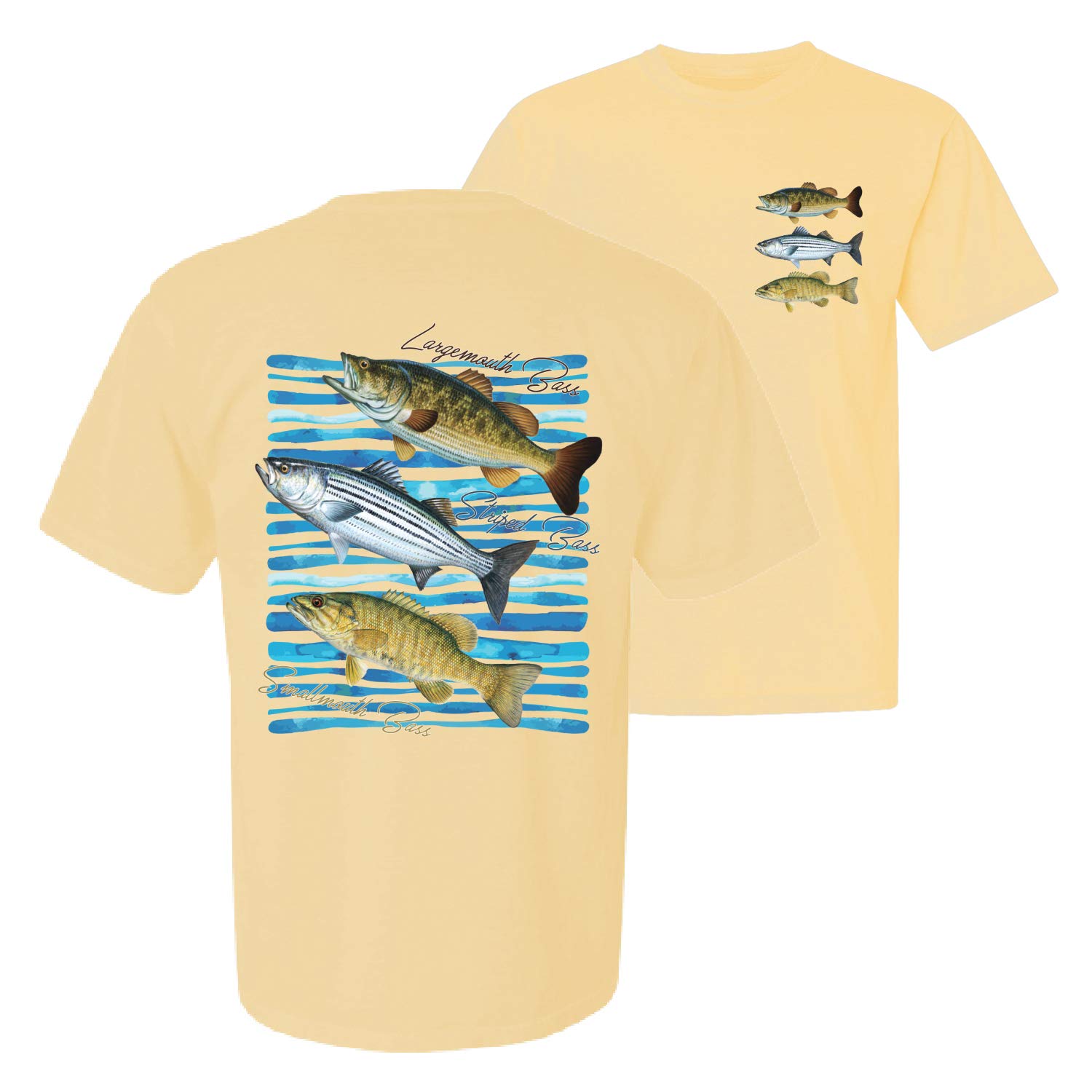 Largemouth Bass Fishing T-Shirt - Striped & Smallmouth Design, Garment-Dyed Washed Look Short Sleeve Tee for Anglers - Perfect for Fishing Trips & Outdoor Adventures
