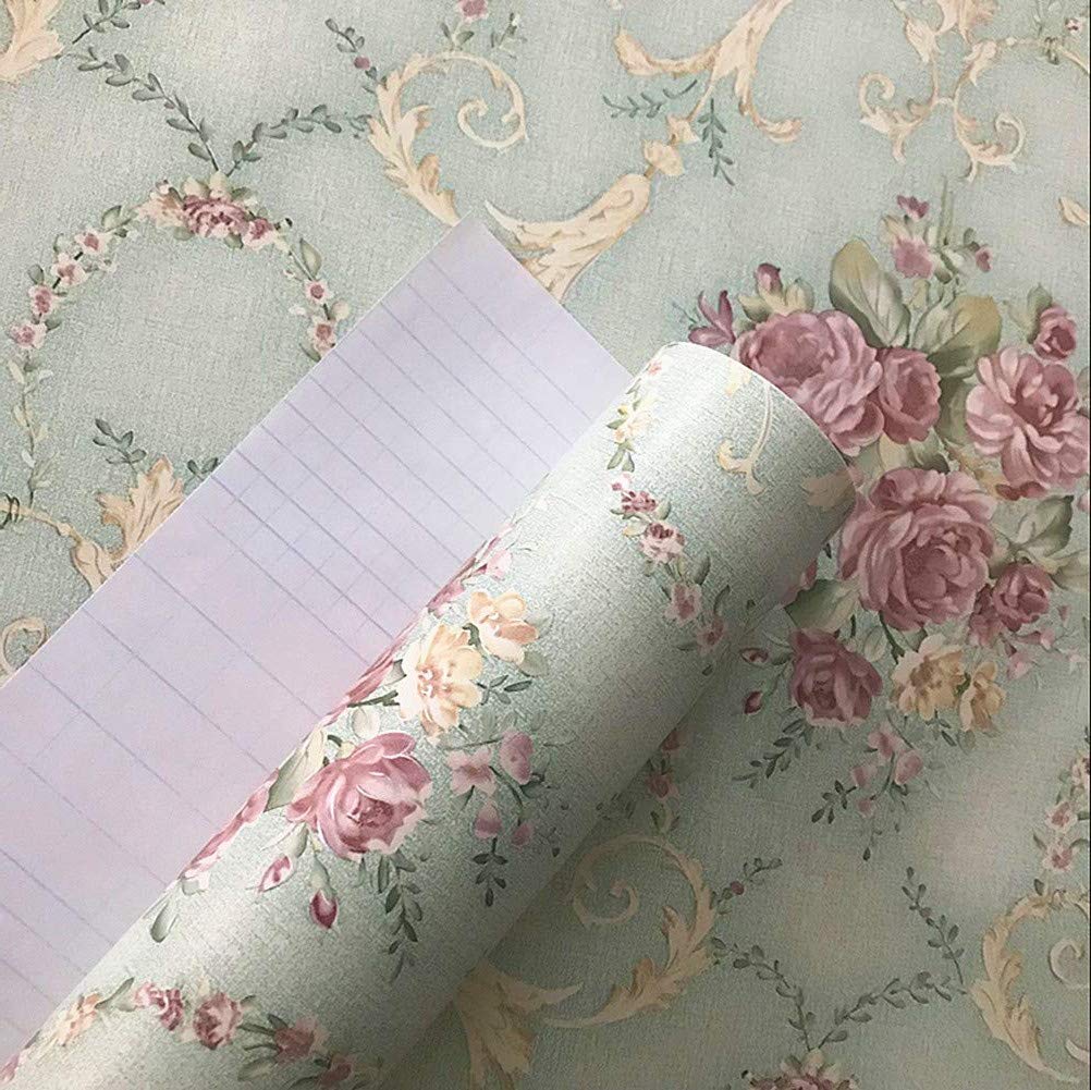 Vintage Rose Adhesive Shelf Liner - Light Green Self Stick Drawer Liner for Cabinets, Dressers, Shelves (17.7
