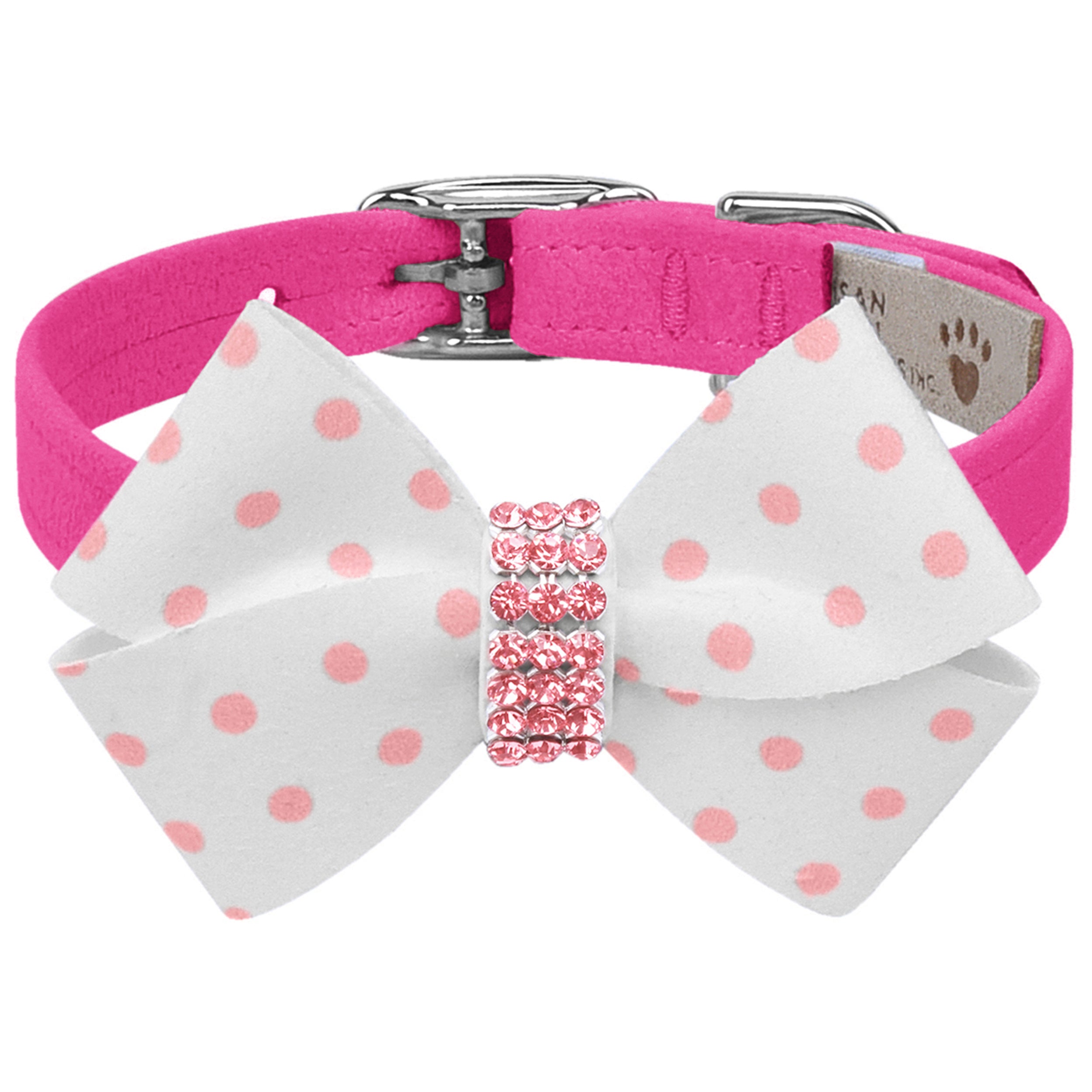 Polka Dot Nouveau Bow Dog Collar with Pink Giltmore Trim - Stylish & Comfortable Pet Accessory for Small & Medium Dogs | Perfect for Daily Walks, Pet Photos & Special Occasions