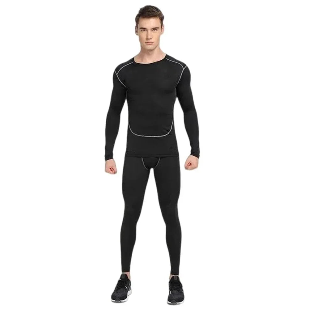 Men's Winter Thermal Fleece Gym Sets - Elastic Running & Fitness Outfit with Tight Exercise Top + Long Johns Base Layer Leggings for Cold Weather Workouts & Outdoor Sports
