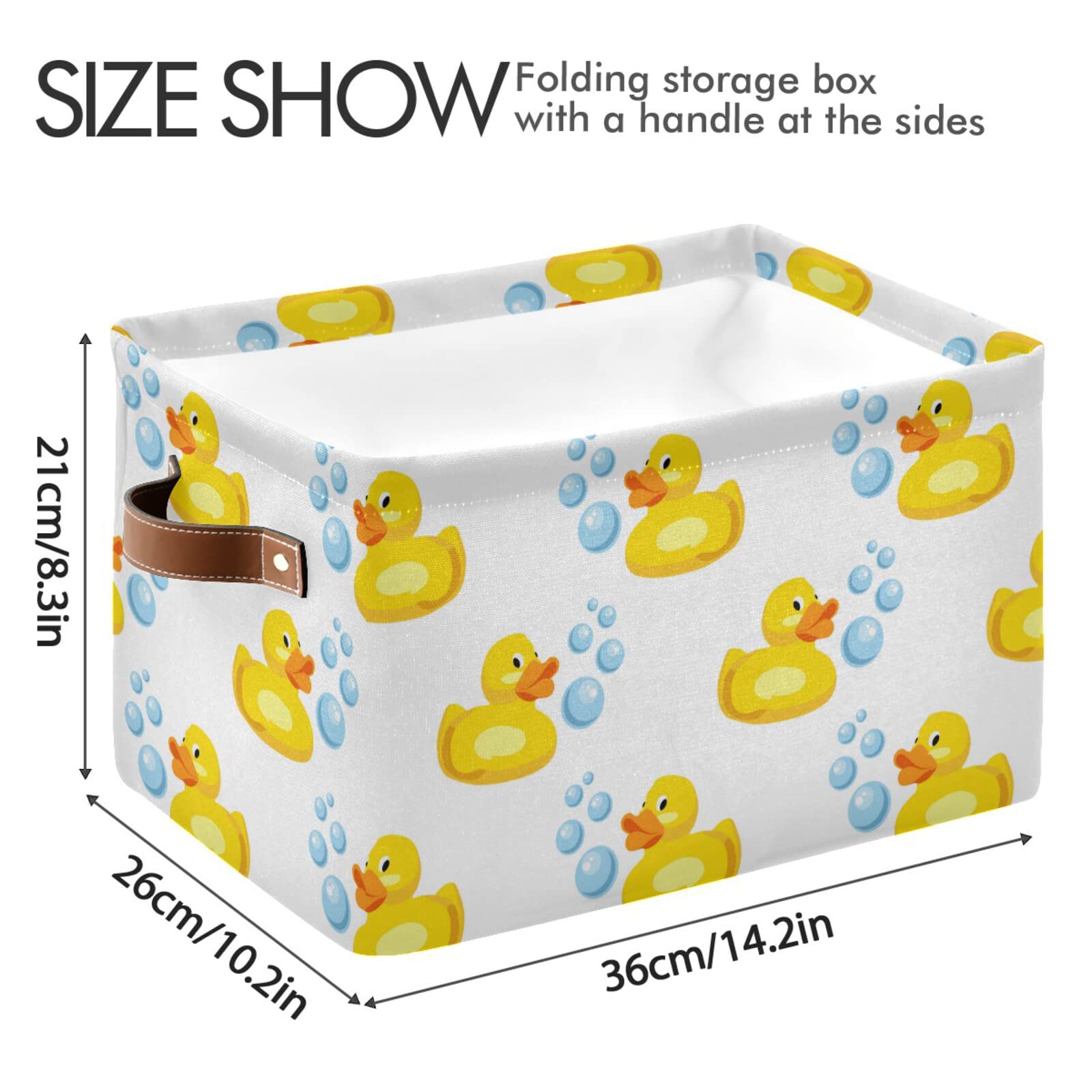 Yellow Rubber Ducks Rectangular Collapsible Storage Basket with Leather Handles - Foldable Laundry Bin & Home Organizer for Kitchen, Bedroom, Bathroom | Perfect for Toys, Clothes & Household Items Storage