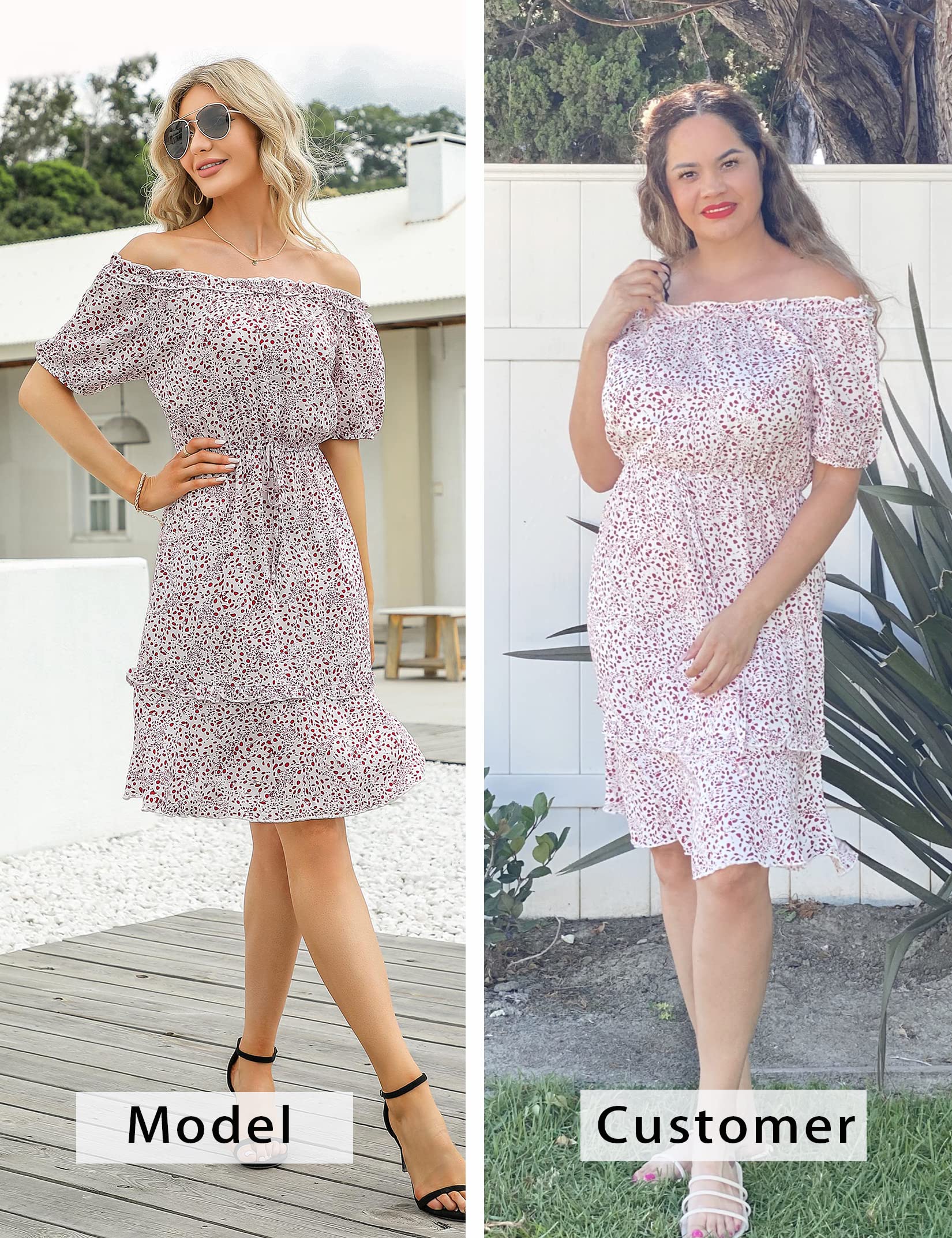 MISSKY Women's Off The Shoulder Ruffle Trim Boho Floral Dress with Puffy Sleeves - A-Line Party Gown for Wedding Guest, Fall Events & Special Occasions