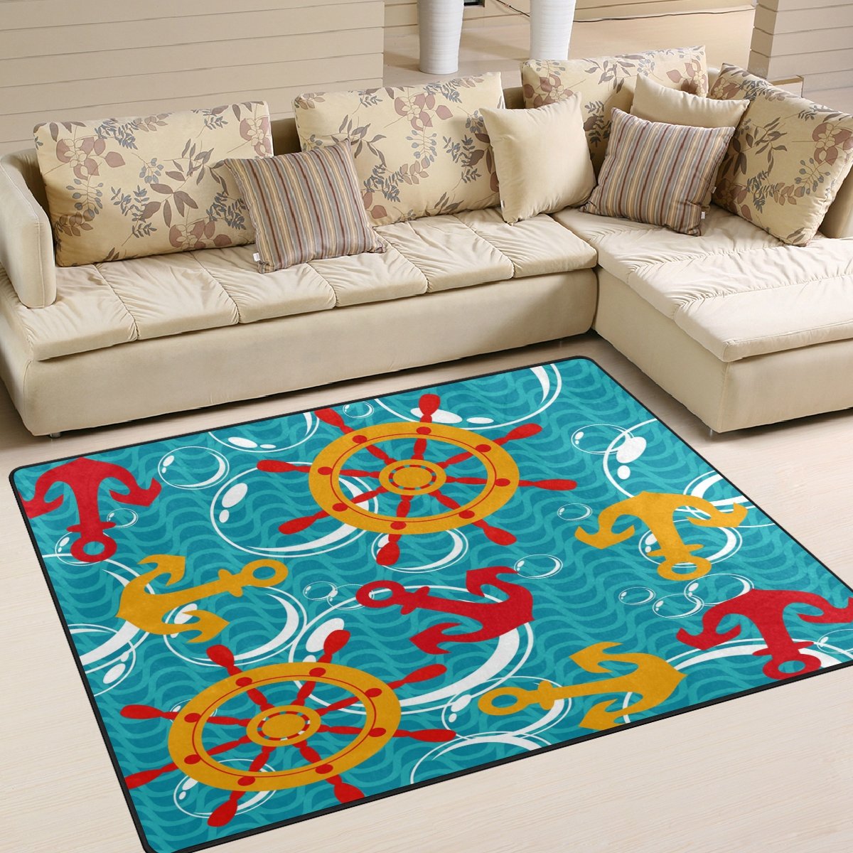 Vintage Nautical Sea Anchor Ship's Wheel Area Rug - 7' x 5' Non-Slip Living Room Bedroom Rug for Coastal Home Decor, Beach House, Office or Dorm Room