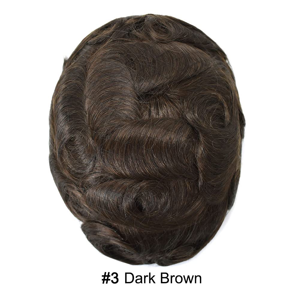 Premium Men's Toupee - European Human Hair Replacement System - Durable Fine Monofilament with Poly Coating - 3# Dark Brown - Medium Density 6x9 - Natural Looking Hairpiece for Daily Wear & Special Occasions
