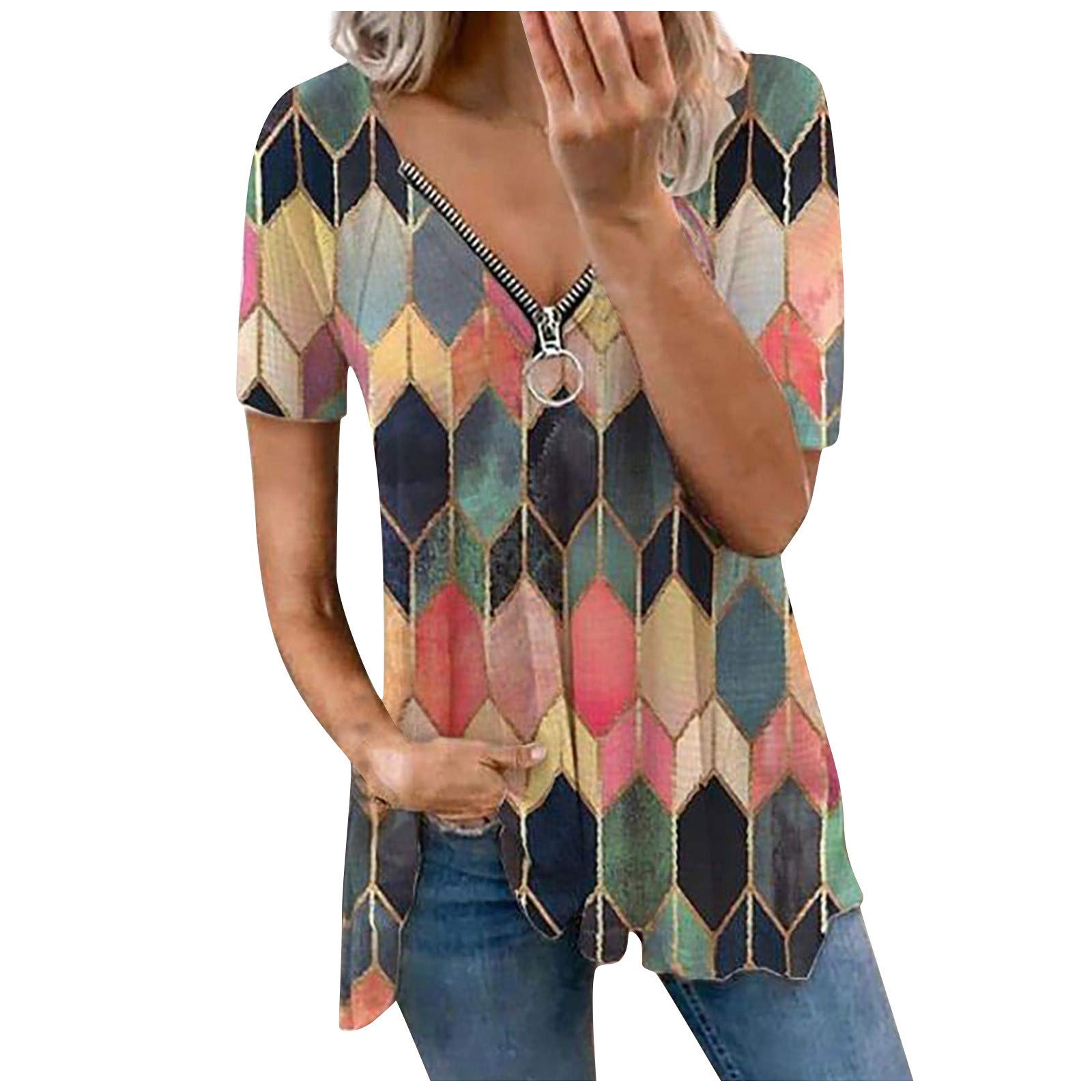 Women's Striped Print Tunic Top - V Neck Zipper Tee Shirt, Short Sleeve Casual Blouse, Loose Fit Shirt for Women | Perfect for Work, Weekend Outings & Summer Vacations