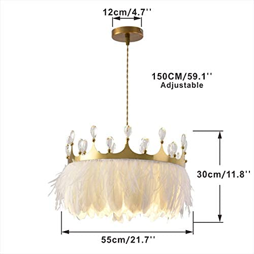 Modern White Feather Pendant Lamp with Gold Crown Crystal Chandelier - Adjustable Flexible Wire Ceiling Light for Living Room, Bedroom, Nursery & Bar Decor (21.7 inch/55cm) - Elegant Lighting Fixture for Home, Restaurant & Commercial Spaces