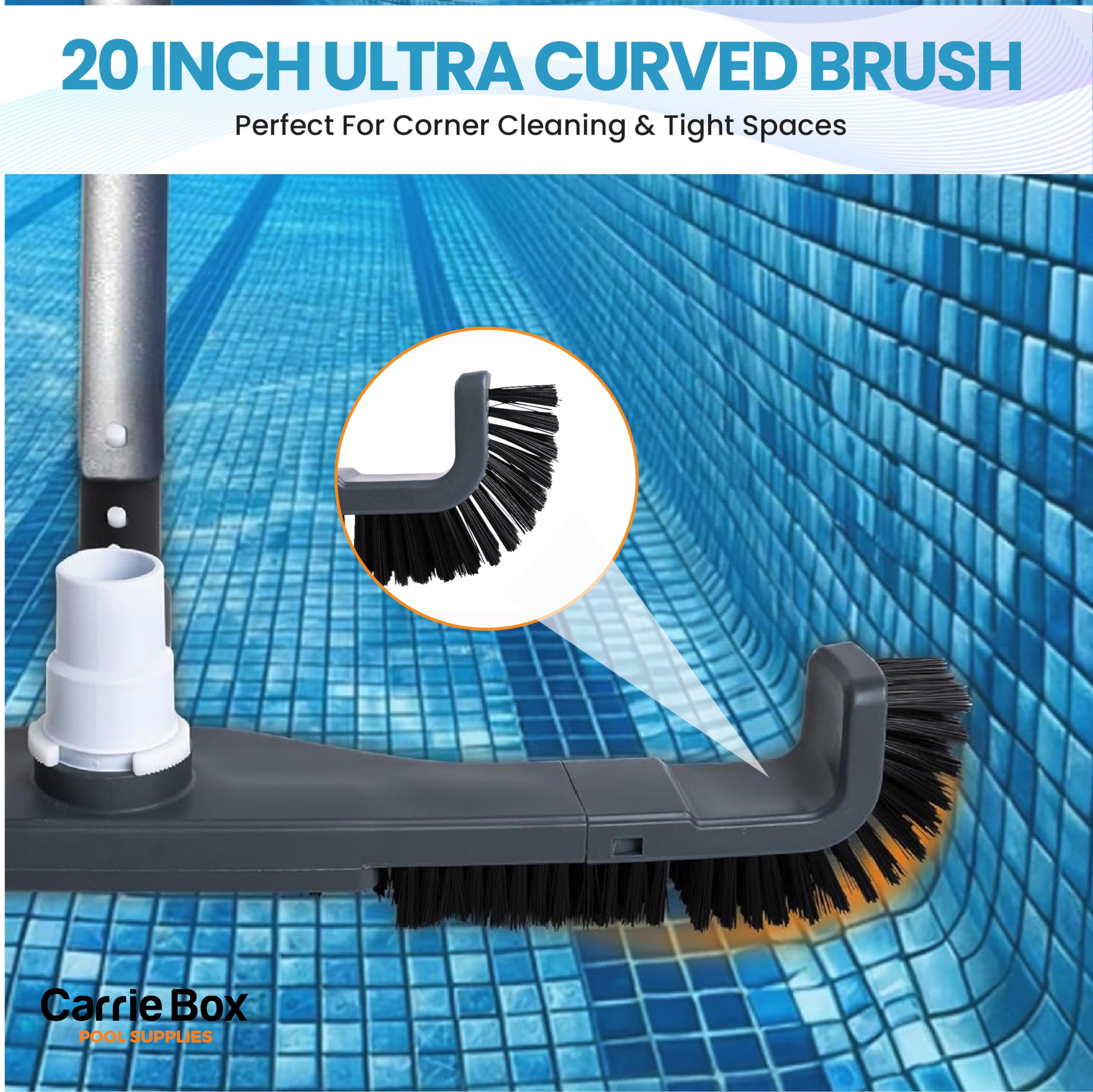 Curved Pool Brush with Vacuum Head – Heavy Duty 20-Inch 2-in-1 Cleaner for Inground & Above Ground Pools | Durable Side & Bottom Bristles with Swivel Hose Connection | Perfect for Concrete, Vinyl & Fiberglass Pool Surfaces