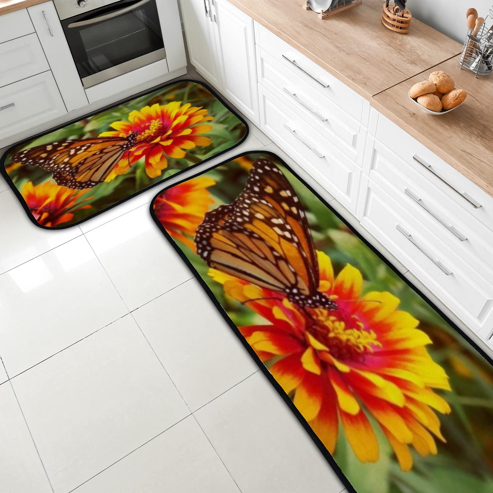 2-Piece Non-Slip Anti-Fatigue Kitchen Rugs Set - Washable Monarch Butterfly Flower Design Floor Mats for Comfortable Standing - Perfect for Kitchen, Home, and Office Use