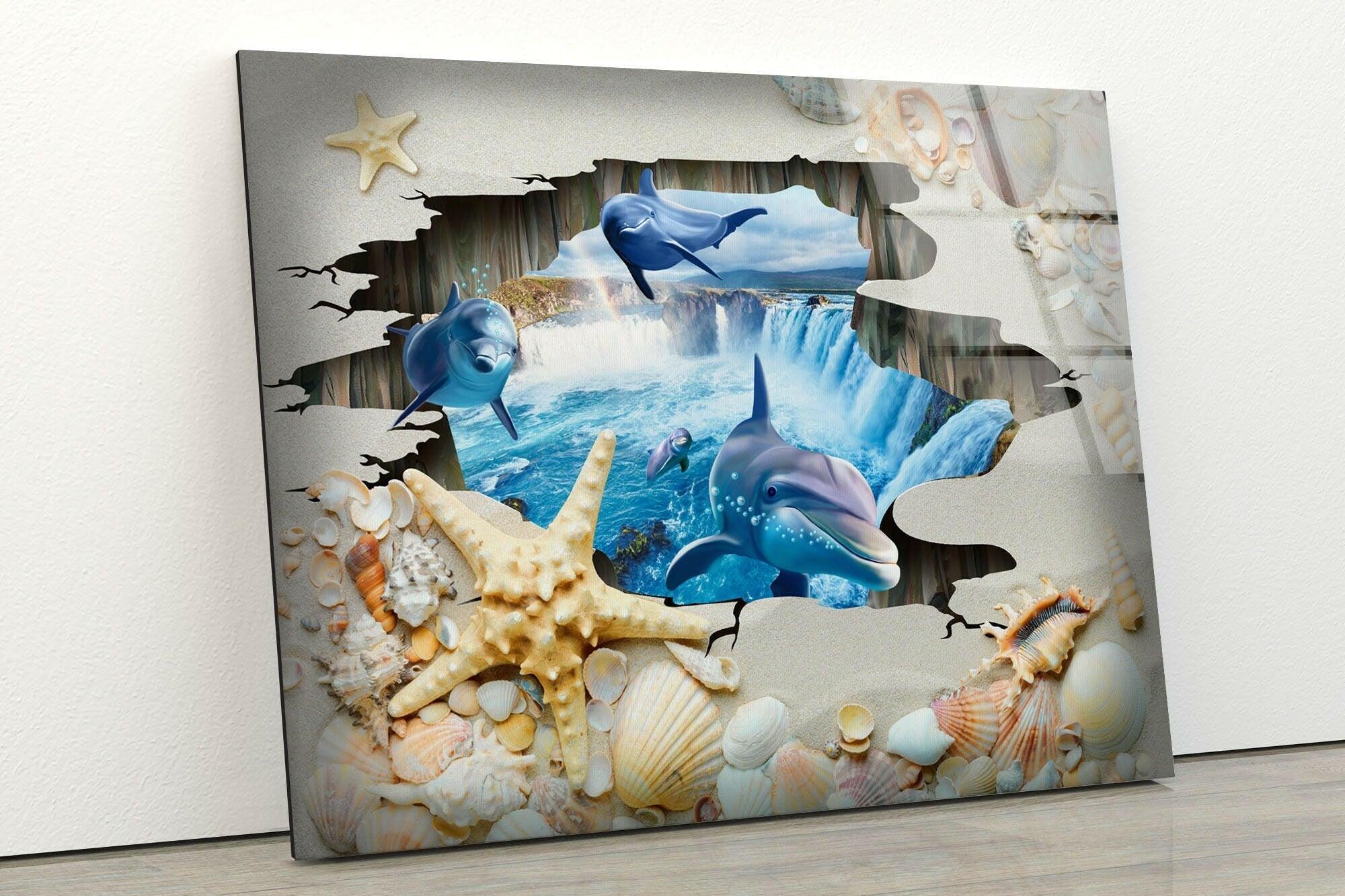 3D Dolphins Glass Wall Art - Ocean Themed Home Decor for Living Room, Bedroom & Office - Stunning Handmade Sea Life Mural with LED Backlighting