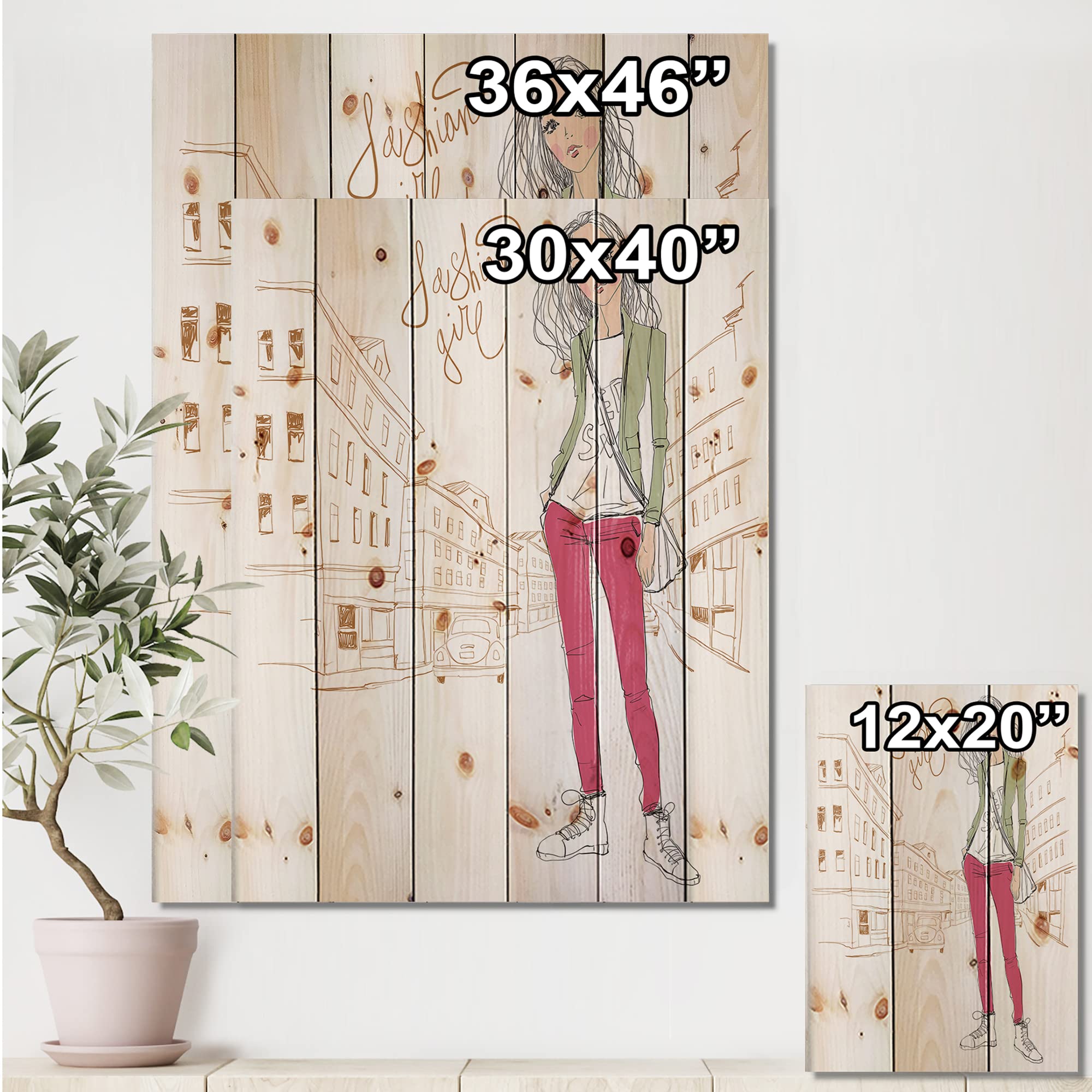 DesignQ Trendy Fashion Girl II Children's Wood Wall Art Decor - Pink Large Wooden Wall Panel with Printed Art on Natural Pine - Perfect for Kids' Room, Nursery, Playroom & Classroom Decor