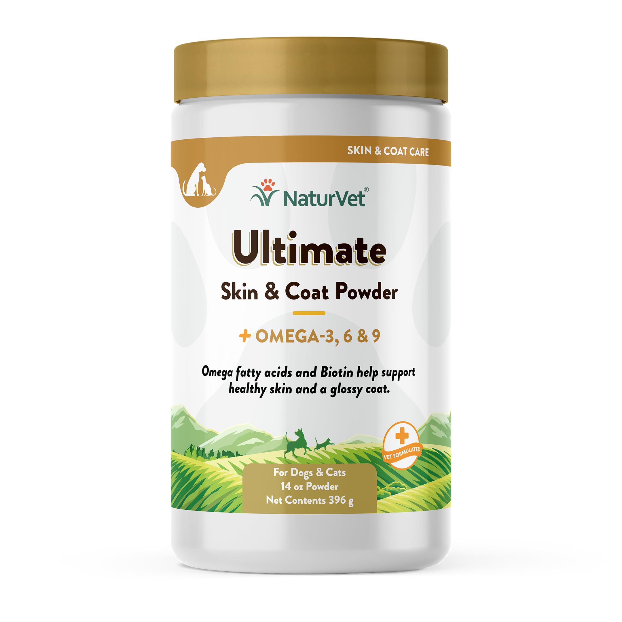 NaturVet Ultimate Skin & Coat Powder Supplement for Dogs & Cats - Omega 3 6 9 Fatty Acids, 14oz | Made in USA with Global Ingredients | Supports Healthy Fur & Itch Relief for Pets