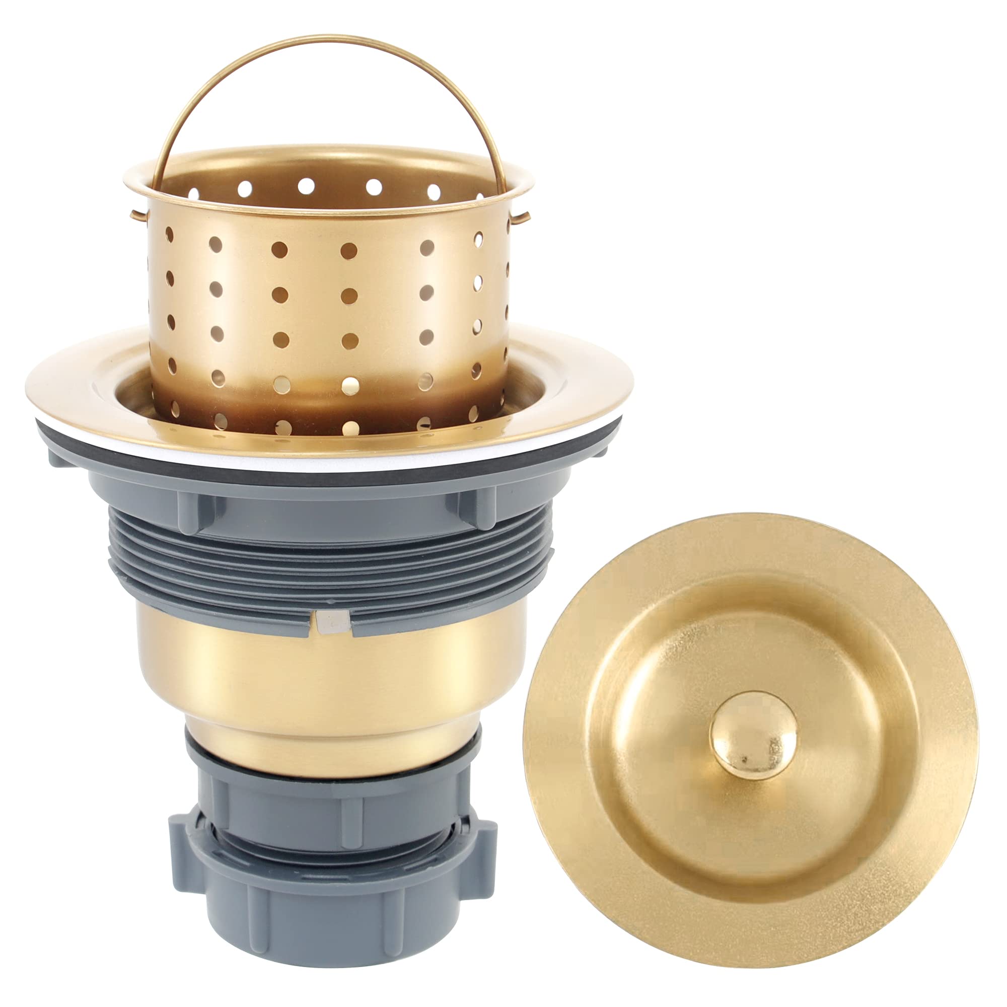 LQS Kitchen Sink Drain Assembly - 3.5 Inch Standard Sink Strainer with Removable Waste Basket, Garbage Disposal Flange & Stopper, Golden Finish for Easy Cleaning & Clog Prevention - Perfect for Home Kitchen, RV, Camper & Restaurant Sinks