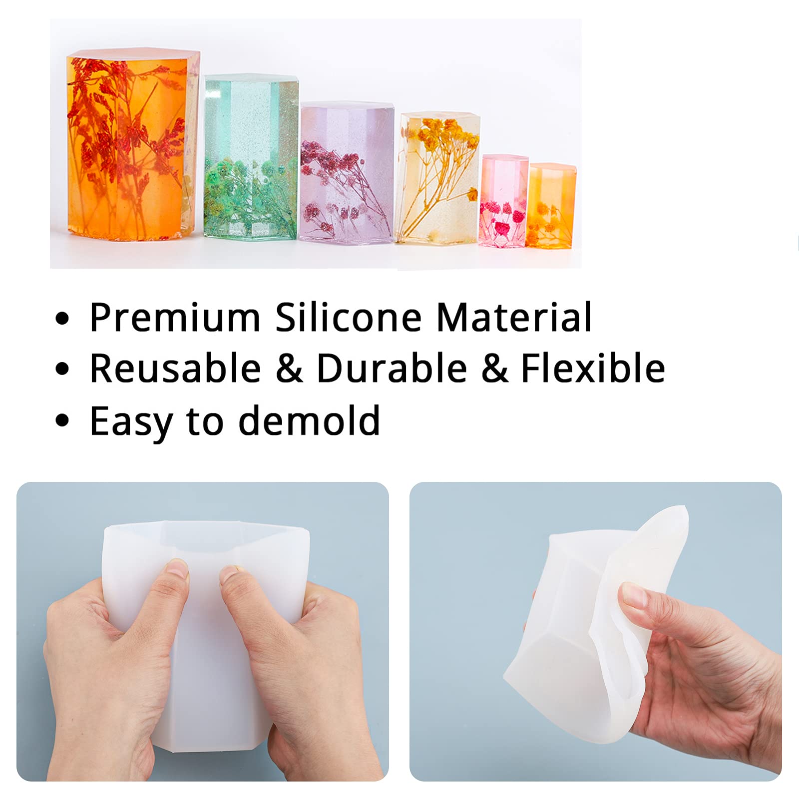Hexagon Resin Molds 6-Piece Set - Silicone Cube Molds for Epoxy Casting, DIY Jewelry Making, Polymer Clay, Candles, Soaps - Perfect for Crafting Ornaments, Dried Flower Preservation & Insect Specimen Displays
