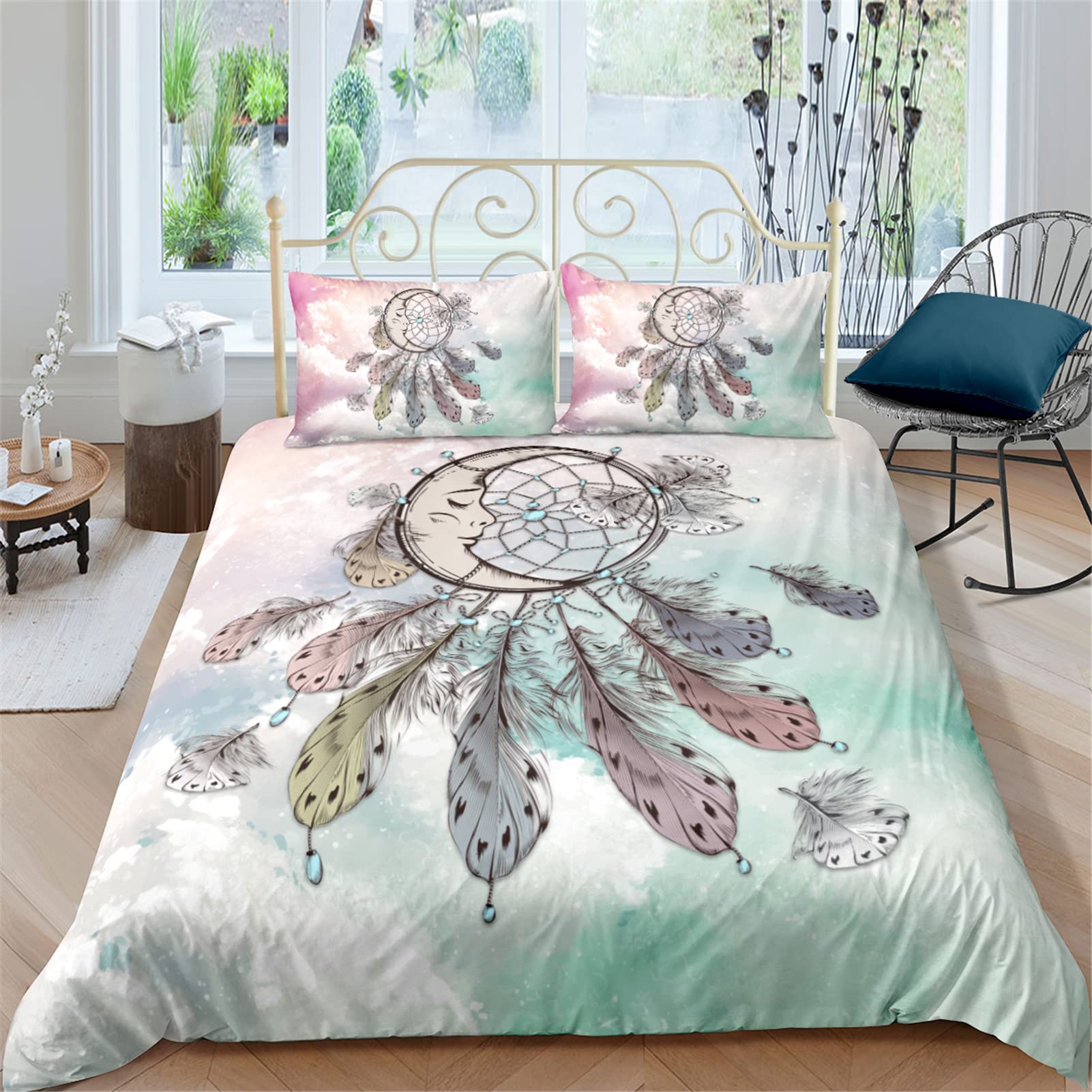 Boho Dreamcatcher Bedding Set for Girls - King Size Comforter Cover, Colorful Dream Catcher Duvet Cover with 2 Pillowcases (Comforter Not Included) - Soft Polyester Bedspread for Twin Bed - Perfect for Teen Rooms, Dorm Decor & Boho Chic Bedrooms