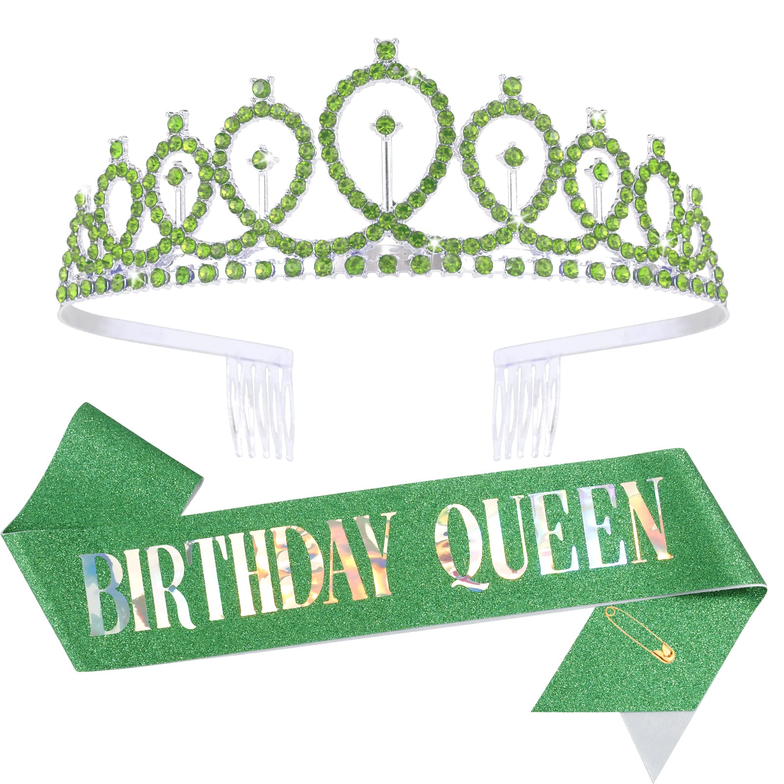 CIEHER Birthday Queen Sash & Crystal Crown Set for Women and Girls - Sparkling Rhinestone Tiara & Glitter Party Sash (Green) | Perfect for Birthday Celebrations, Bachelorette Parties, Pageants, and Special Events