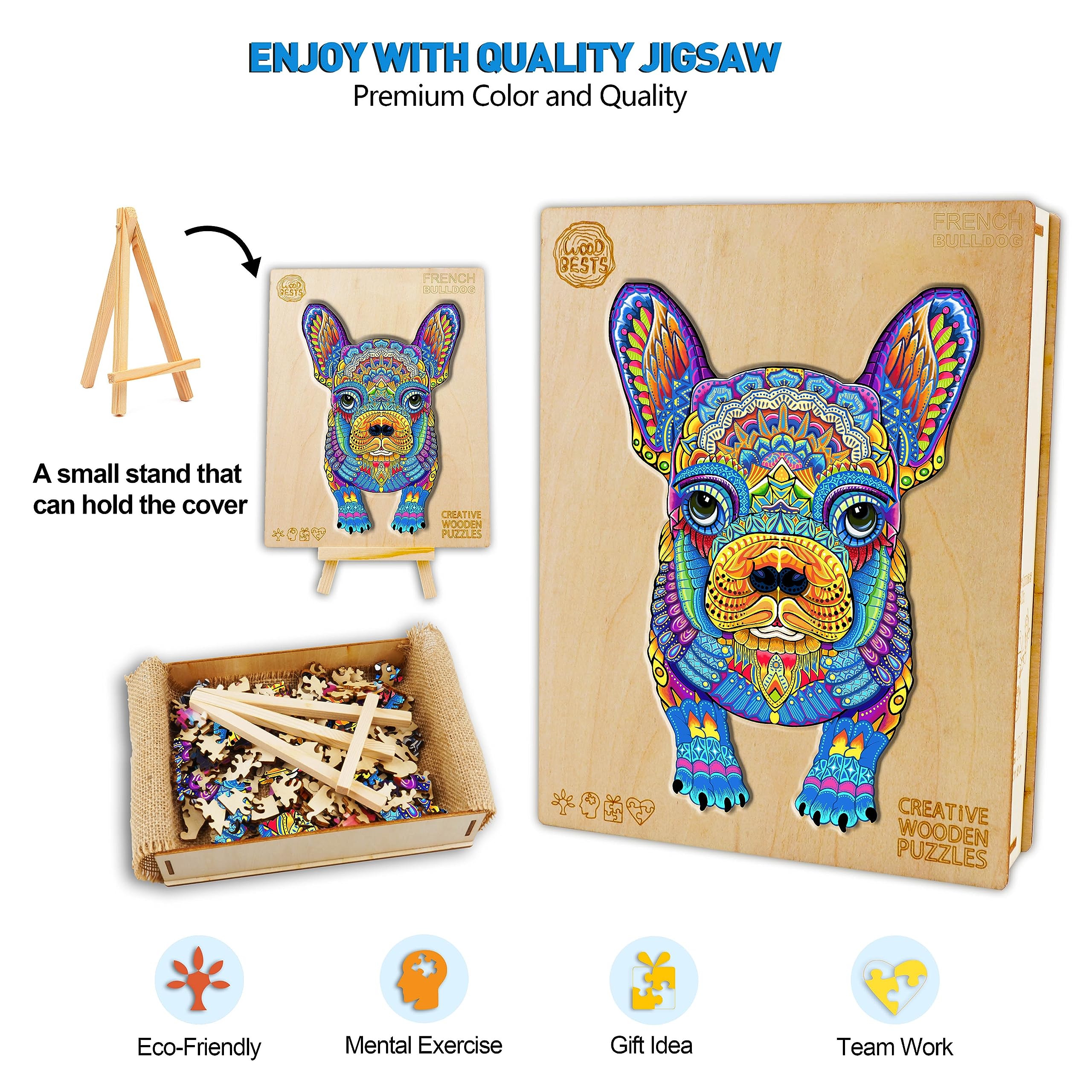 Premium Wooden Jigsaw Puzzle for Adults & Kids - Bulldog Animal Shaped 153-Piece Puzzle with Wooden Storage Box (11.6x8 Inches) - Fun Brain Teaser, Birthday Gift & Family Game Night Activity