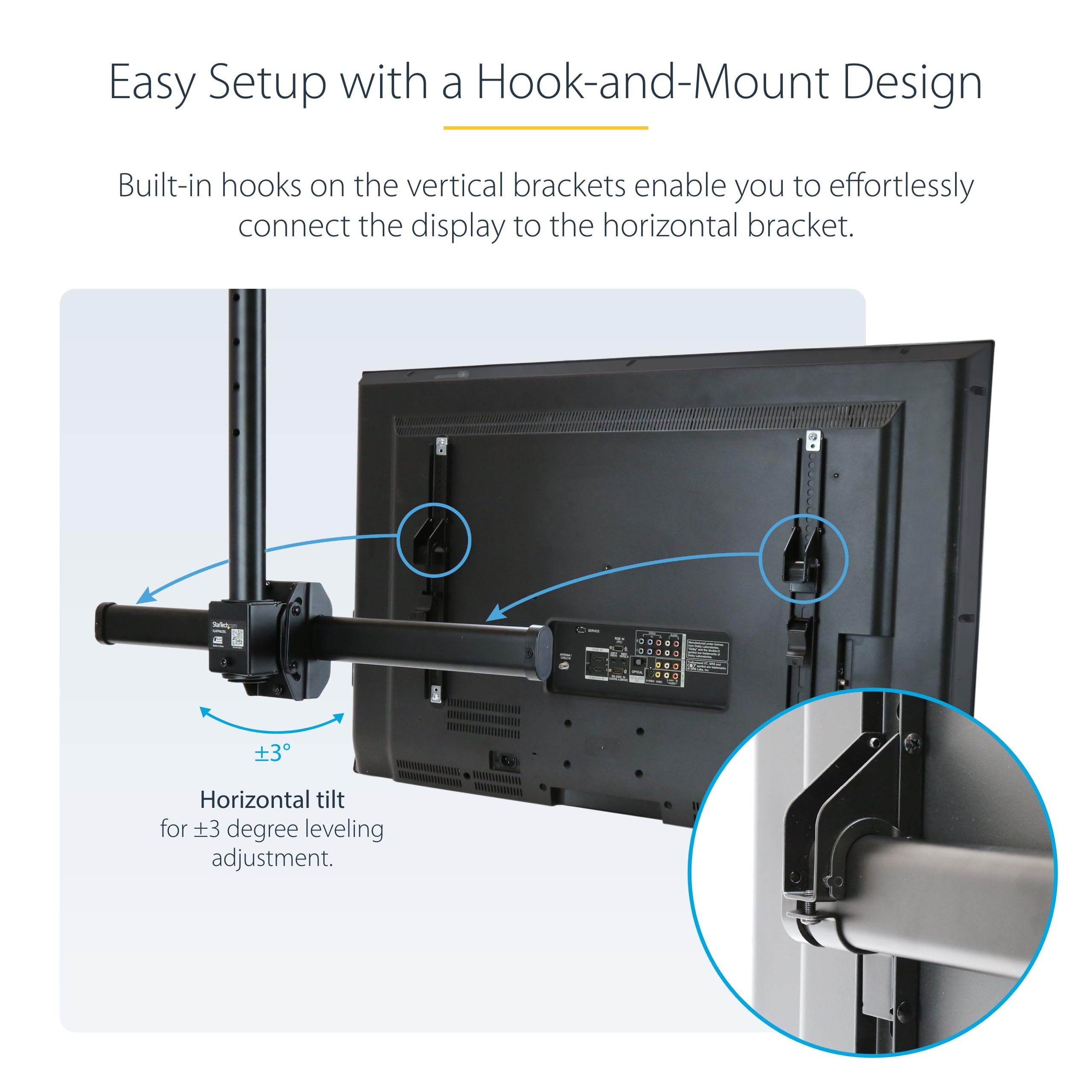 StarTech.com TV Ceiling Mount for 32-75 Inch Screens - Adjustable Height VESA Compatible Hanging Bracket for Flat Panel TVs & Monitors - Perfect for Home Theater, Office, and Commercial Displays