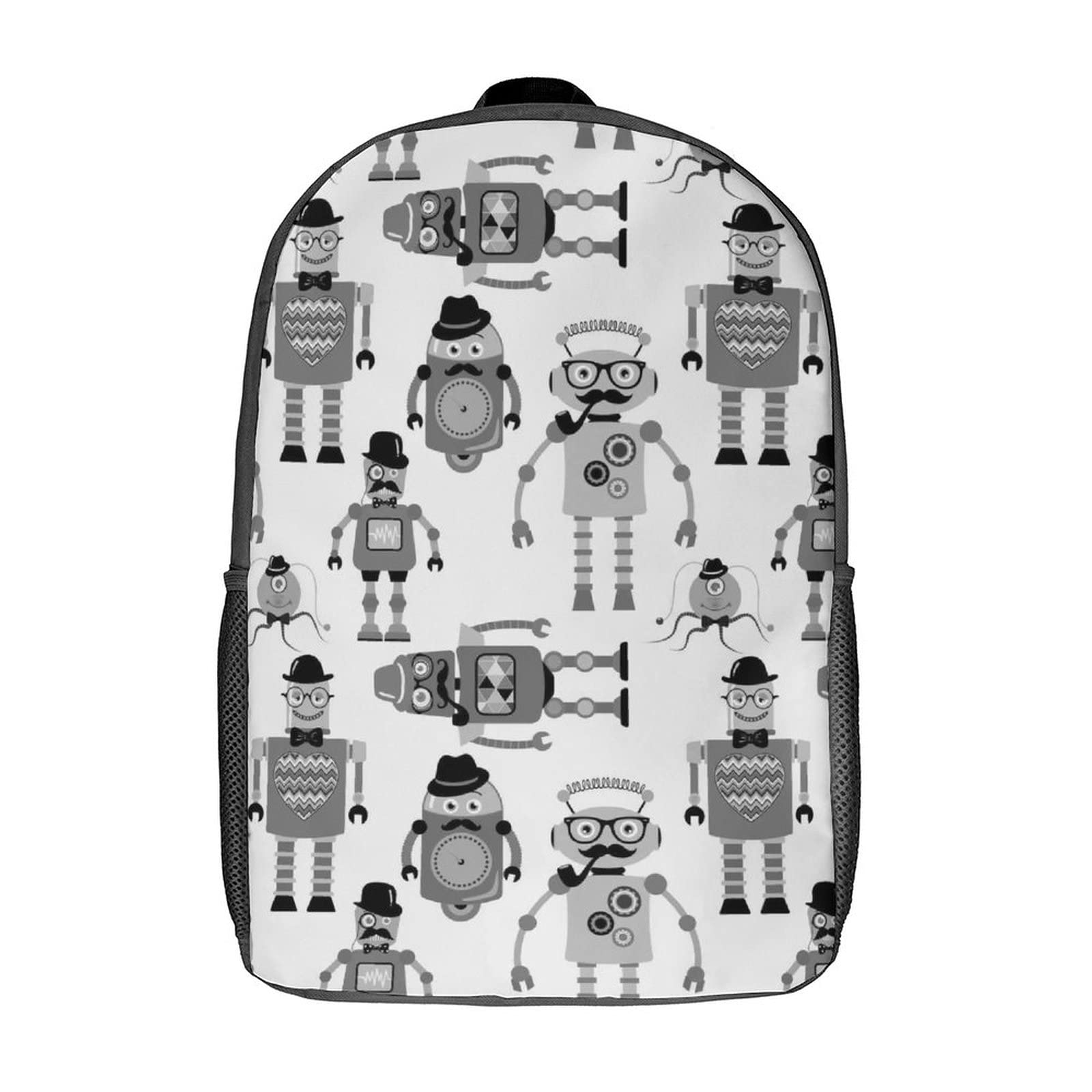 Vintage Retro Hipster Robot Print Laptop Backpack - Seamless Black & White Design for School, College, Work & Travel | Durable Bookbag for Students & Professionals