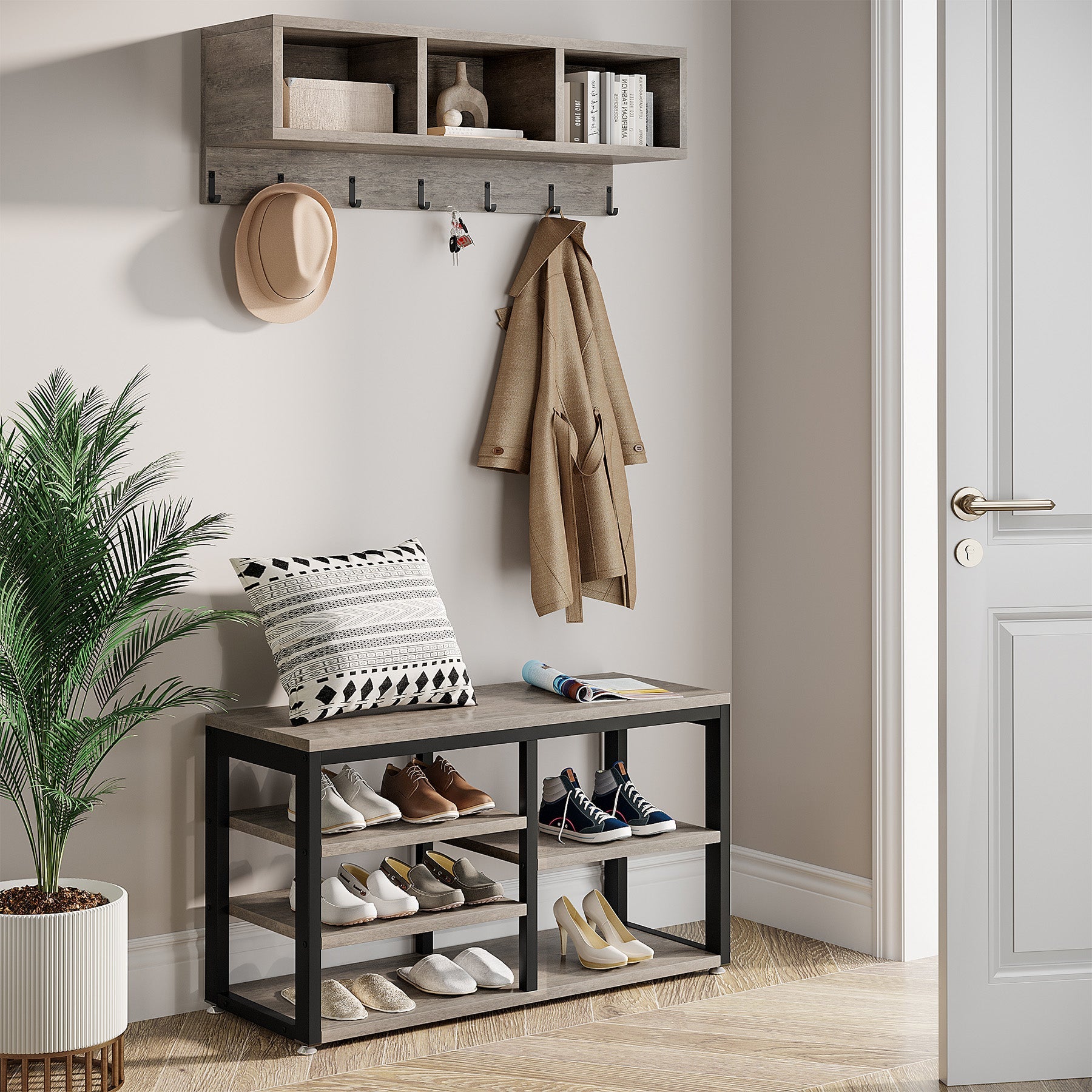 5 in 1 Coat Rack Shoe Bench Set with Wall Mounted Shelf - Space Saving Entryway Organizer for Hats, Bags & Shoes | Perfect for Hallway, Mudroom or Foyer Decor