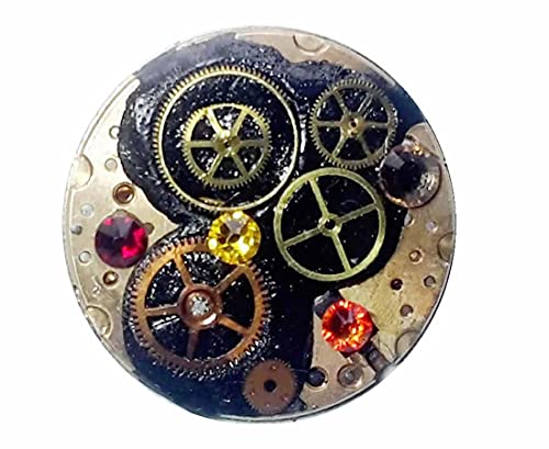 Steampunk Brooch with Copper Gears & Mechanical Watch Parts - Black Resin & Swarovski Crystal Accents - Convertible Necklace Pendant - Perfect for Gothic Fashion, Cosplay & Vintage Jewelry Lovers