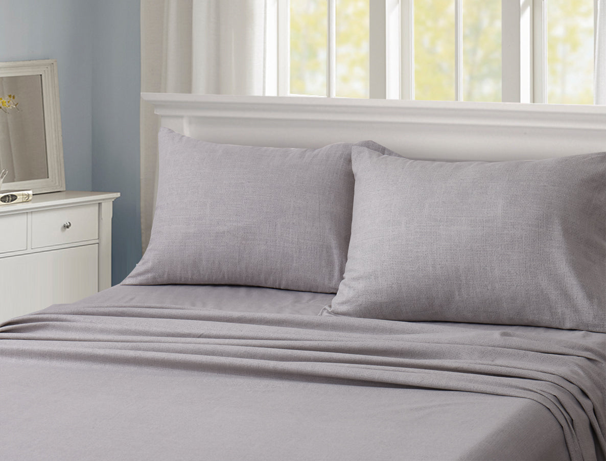 Premium Flannel Printed Solid Textured Light Silver Grey Sheet Set - Ultra Soft & Cozy Bedding for Winter Nights, Perfect for Cold Weather Comfort in Bedroom
