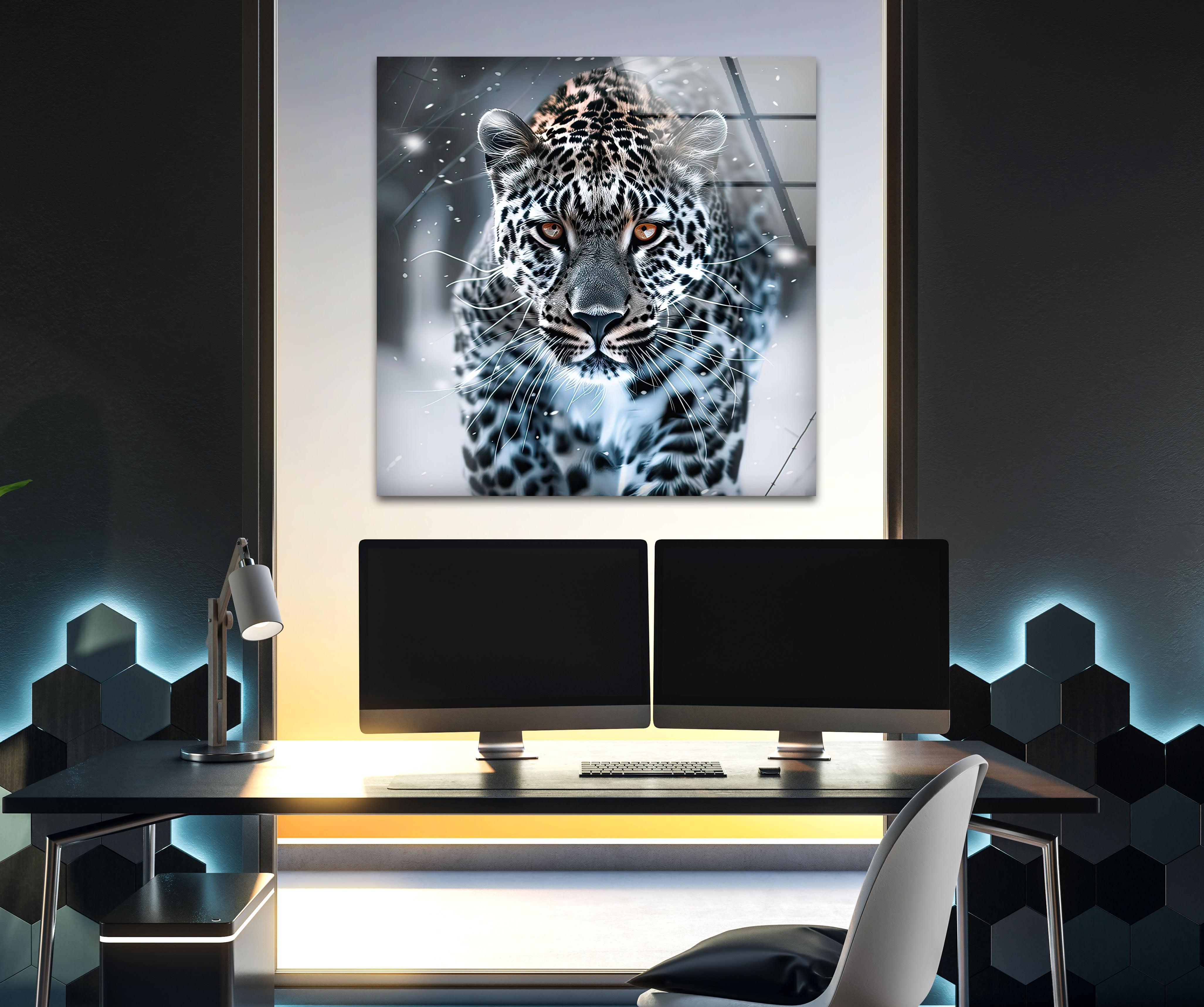 Black and White Leopard Glass Wall Art - Modern Home Decor for Living Room, Bedroom & Office - Elegant Abstract Animal Print Wall Hanging
