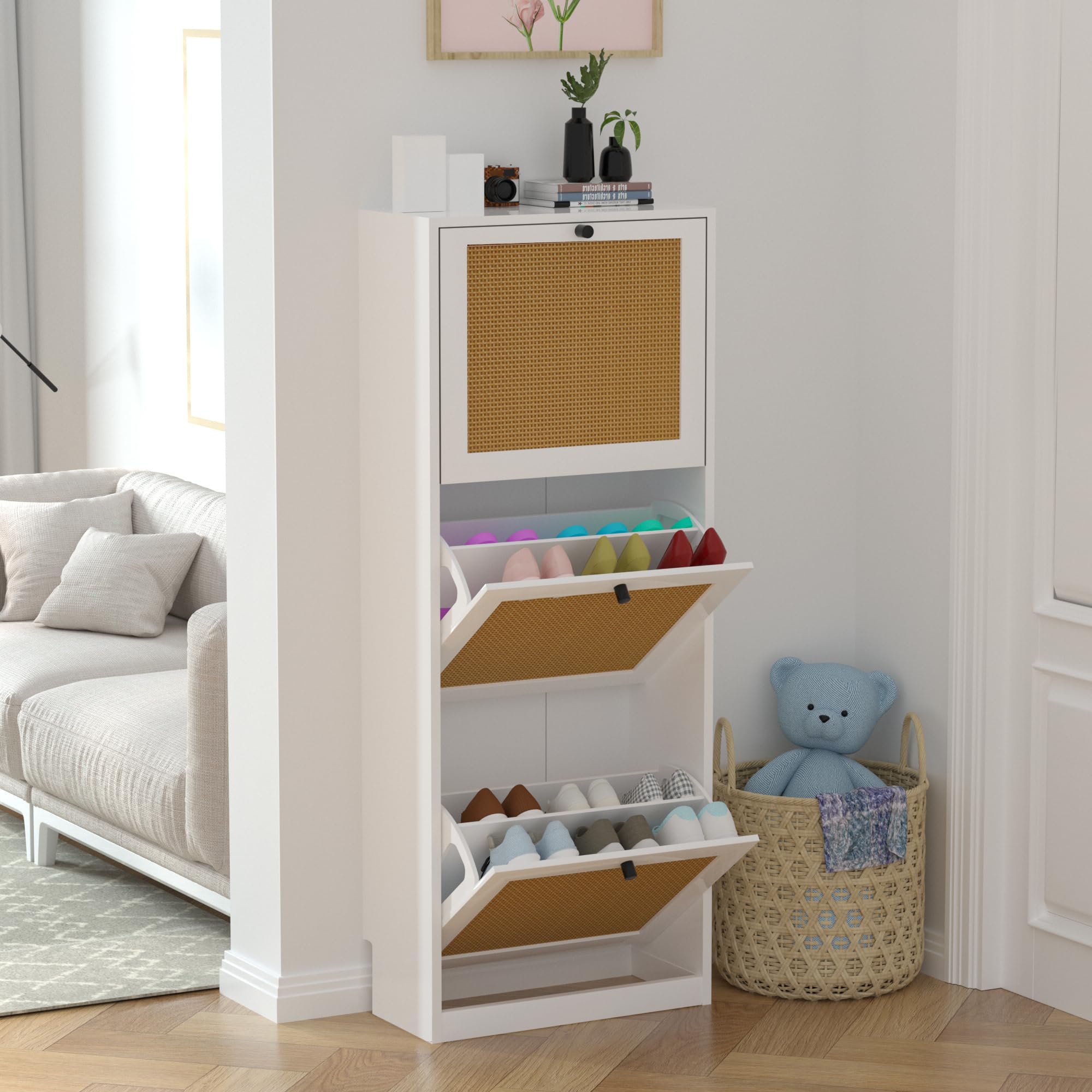 Anmytek 3-Tier Rattan Shoe Storage Cabinet with Flip Drawers - White Entryway Organizer for Hallway, Living Room & Bedroom | Wooden Shoe Rack with 3 Compartments | Perfect for Small Spaces & Home Decor (Model S0003)