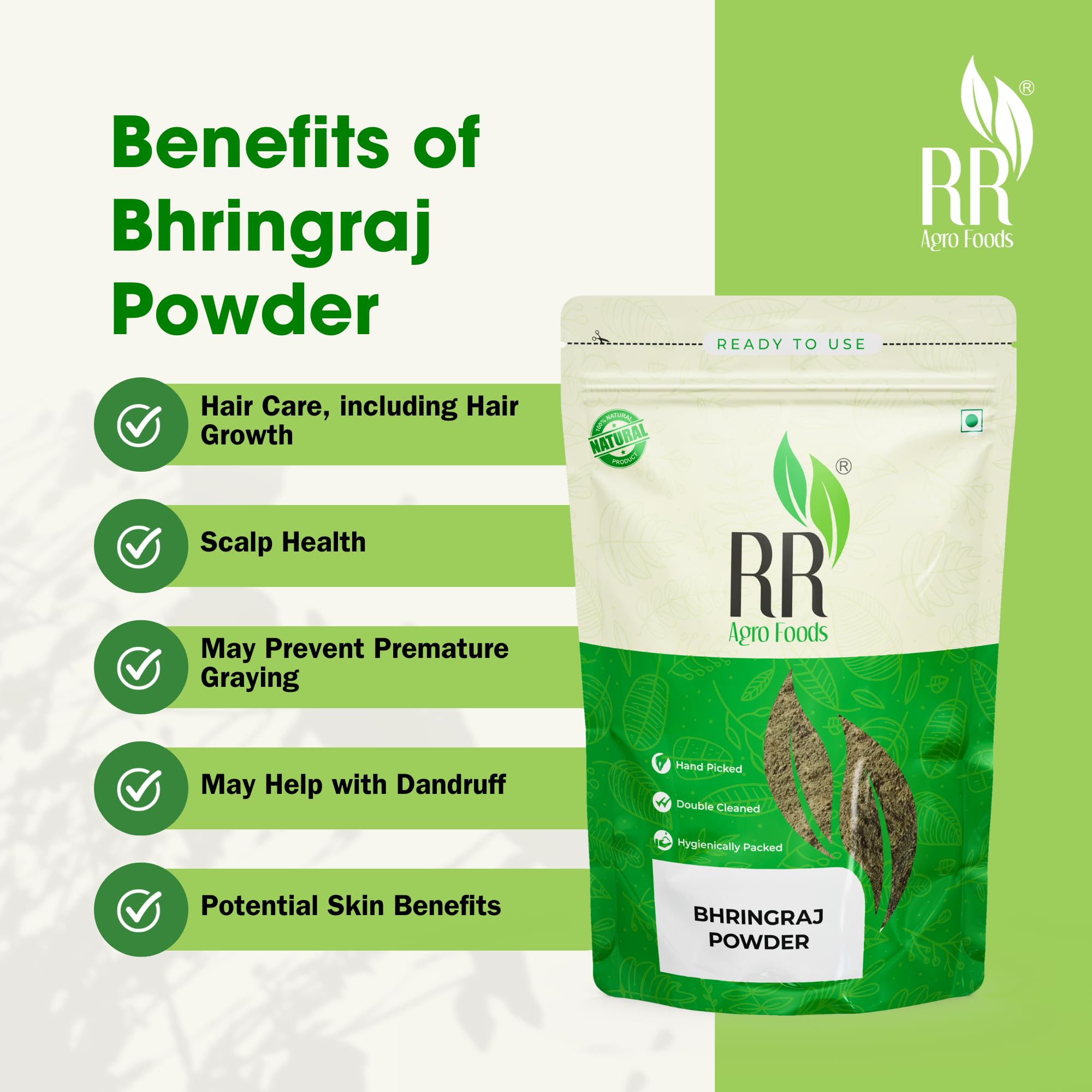 RR AGRO FOODS Natural Bhringraj Powder for Hair Growth & Scalp Health - 200g | Ayurvedic Herbal Remedy for Thicker, Stronger Hair | Perfect for DIY Hair Masks & Natural Hair Care Routines