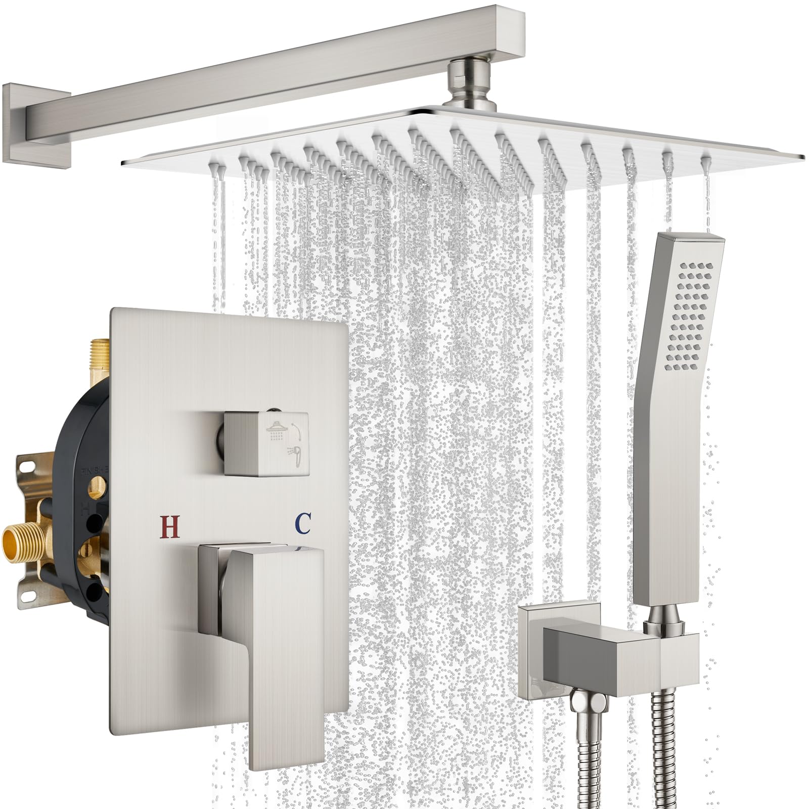 Gotonovo Rainfall Shower System - 10 Inch Square Shower Head with Handheld Spray & High Pressure Valve - Brushed Nickel Bathroom Faucet Set for Luxury Spa Experience at Home
