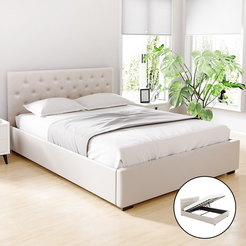 Dorilla Gas Lift Storage Queen Bed Frame with Hydraulic System - Beige Upholstered Platform Bed for Small Spaces, Guest Rooms & Apartments