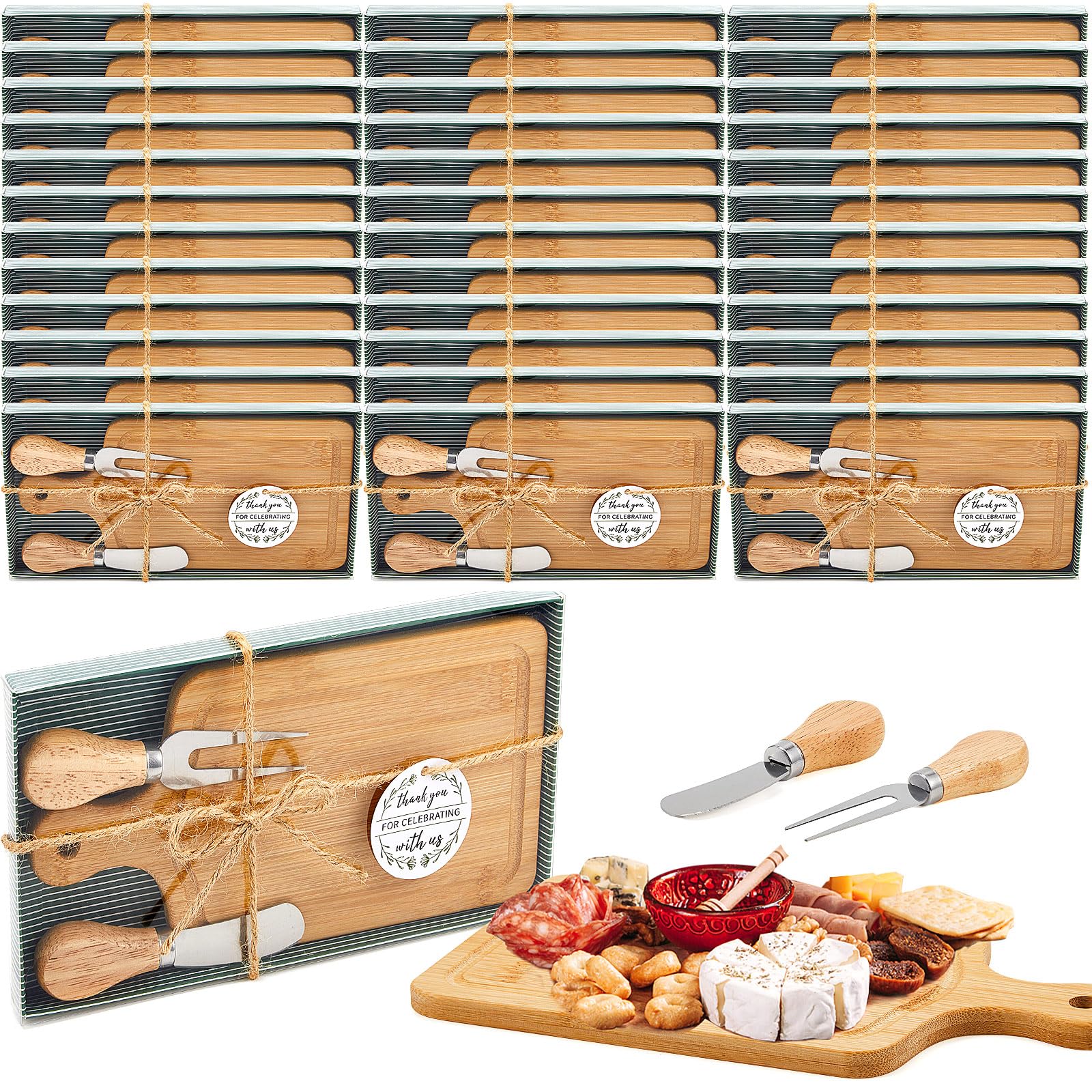 36-Piece Wooden Cheese Board Set with Stainless Steel Knives, Forks & Thank You Tags - Elegant Wedding, Bridal Shower & Housewarming Gift (Bamboo) - Perfect for Valentine's Day, Dinner Parties, Charcuterie Boards & Entertaining Guests