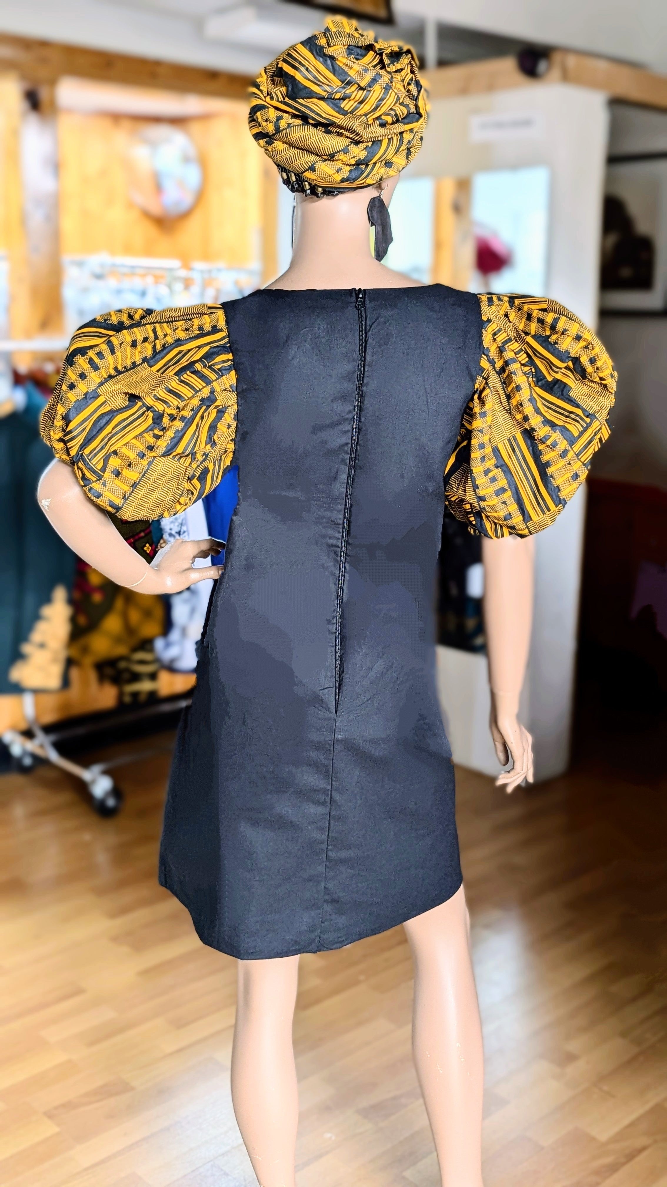 Dupsie's Nyame Nti Kente Black and Gold African Print A-Line Dress DP4091D - Elegant Cultural Attire for Weddings, Parties & Special Occasions