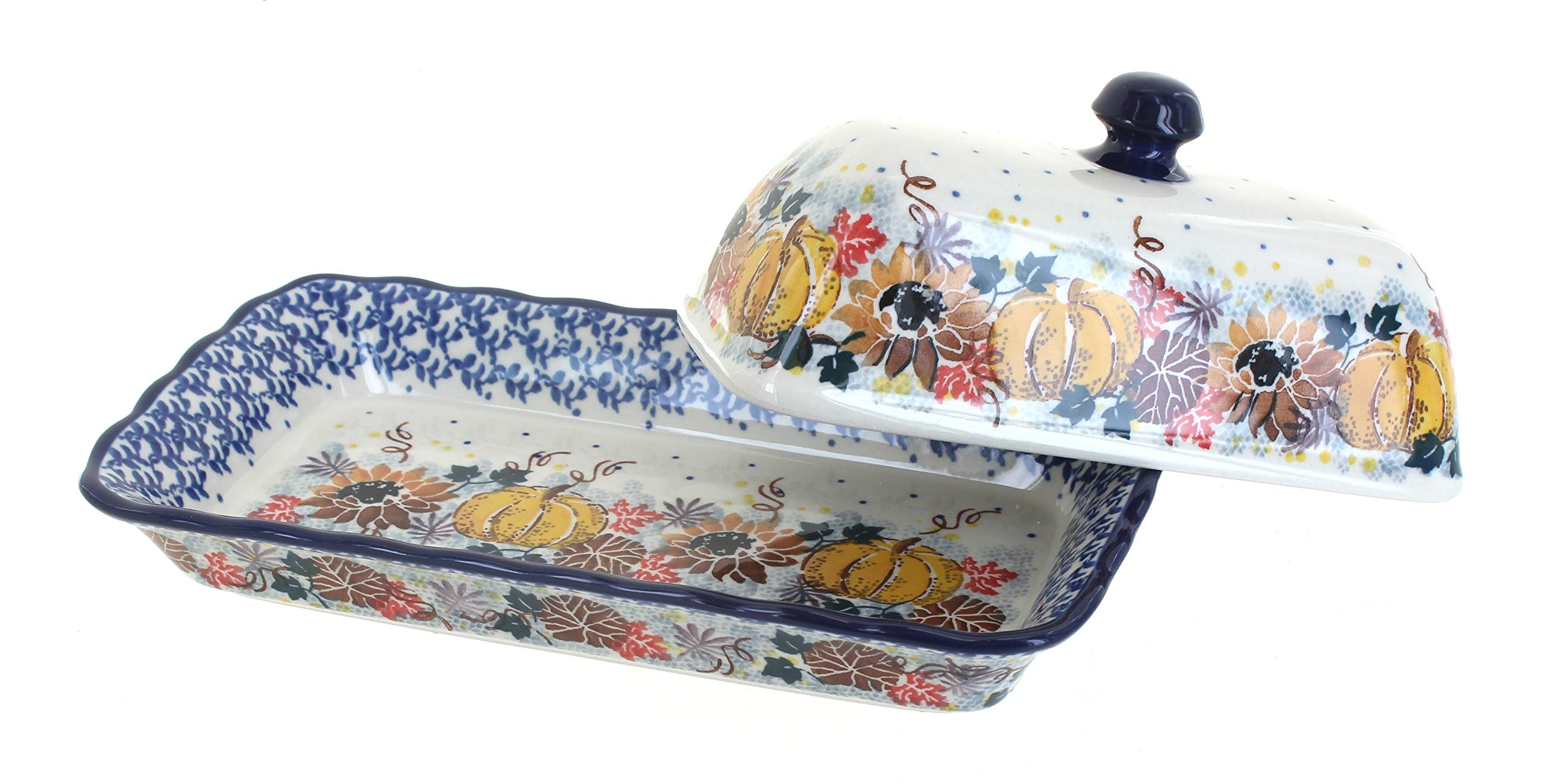 Blue Rose Polish Pottery Harvest Bounty Butter Dish - Handmade Ceramic Butter Keeper with Lid - Perfect for Farmhouse Kitchens, Rustic Dining, and Country Style Home Decor