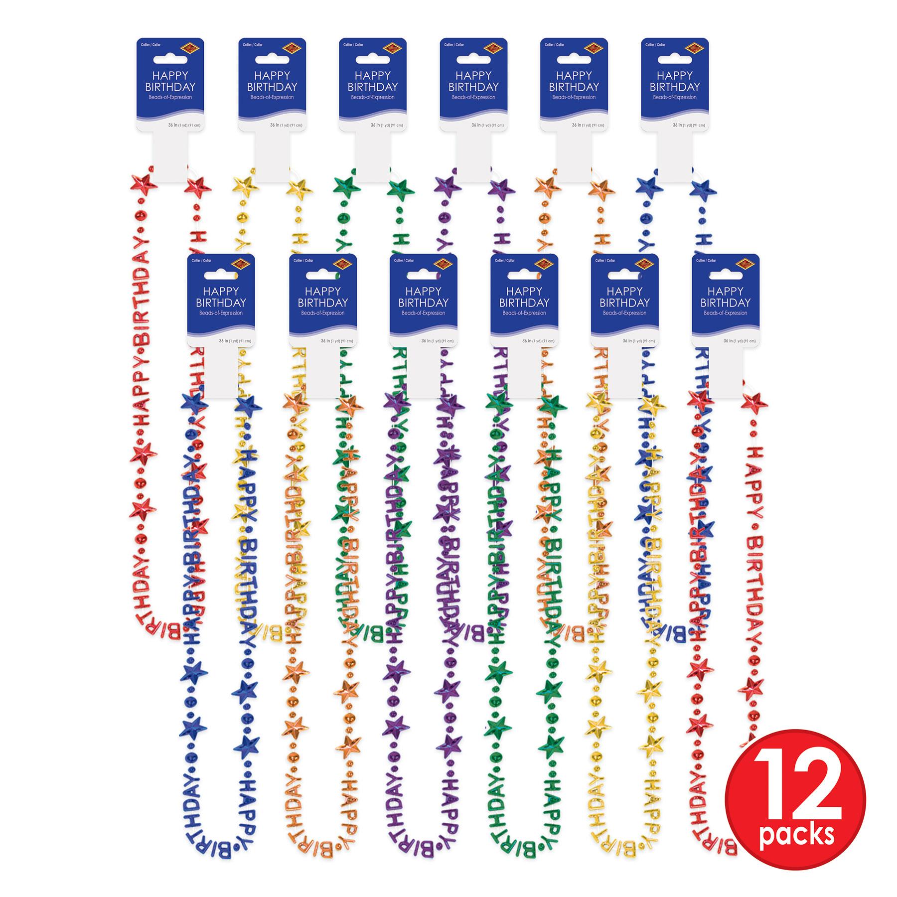 12 Pack Happy Birthday Bead Necklaces for Party Favors - Colorful Mardi Gras Style Party Supplies for Birthday Celebrations, Carnivals & Festive Events