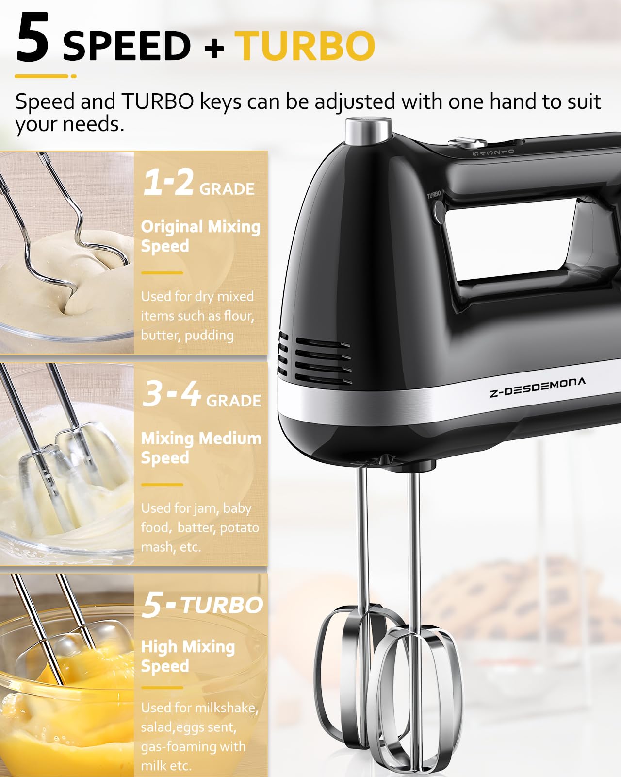 300W Powerful Electric Hand Mixer with 304 Stainless Steel Beaters & Dough Hook - Turbo Handheld Mixer for Baking Cakes, Whipping Eggs, Cream - Perfect for Home Kitchen & Professional Bakers (Black)