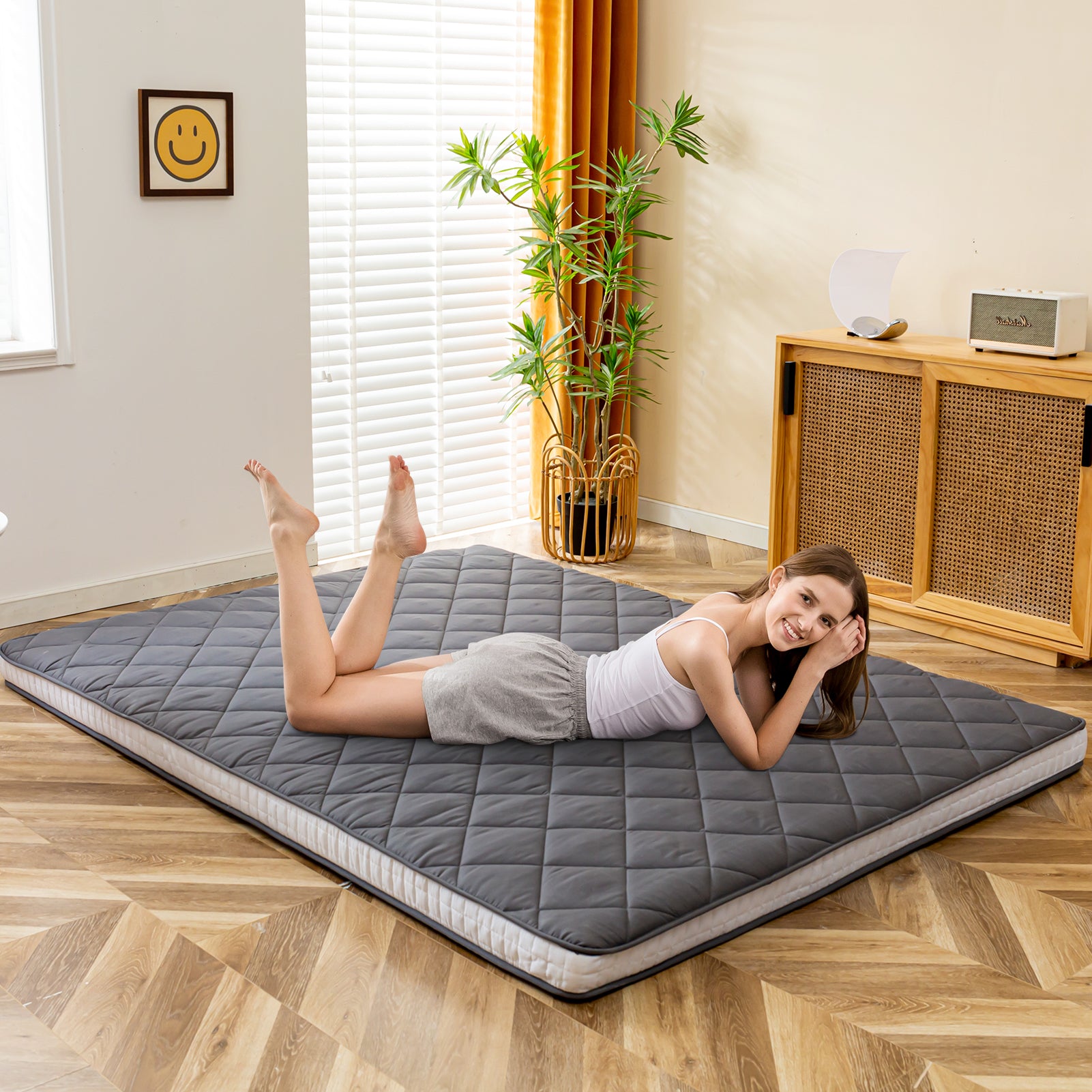 MAXYOYO Diamond Patterned Padded Japanese Futon Bed - Extra Thick Floor Mattress & Quilted Mattress Topper in Dark Grey | Perfect for Guest Beds, Small Spaces & Minimalist Home Decor
