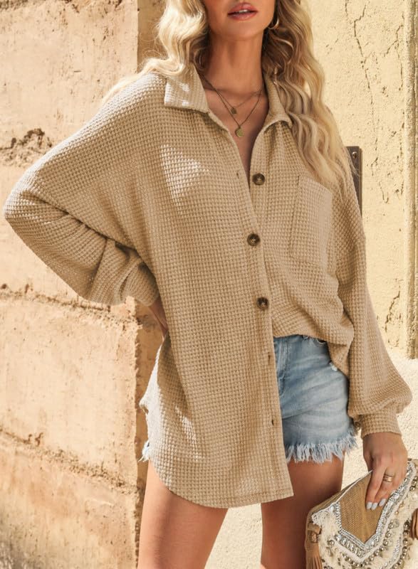 SHEWIN Women's Waffle Knit Button Down Shirt - Casual Long Sleeve Shacket Jacket, Boyfriend Style Loose Fit Blouse for Everyday Wear, Office & Date Nights