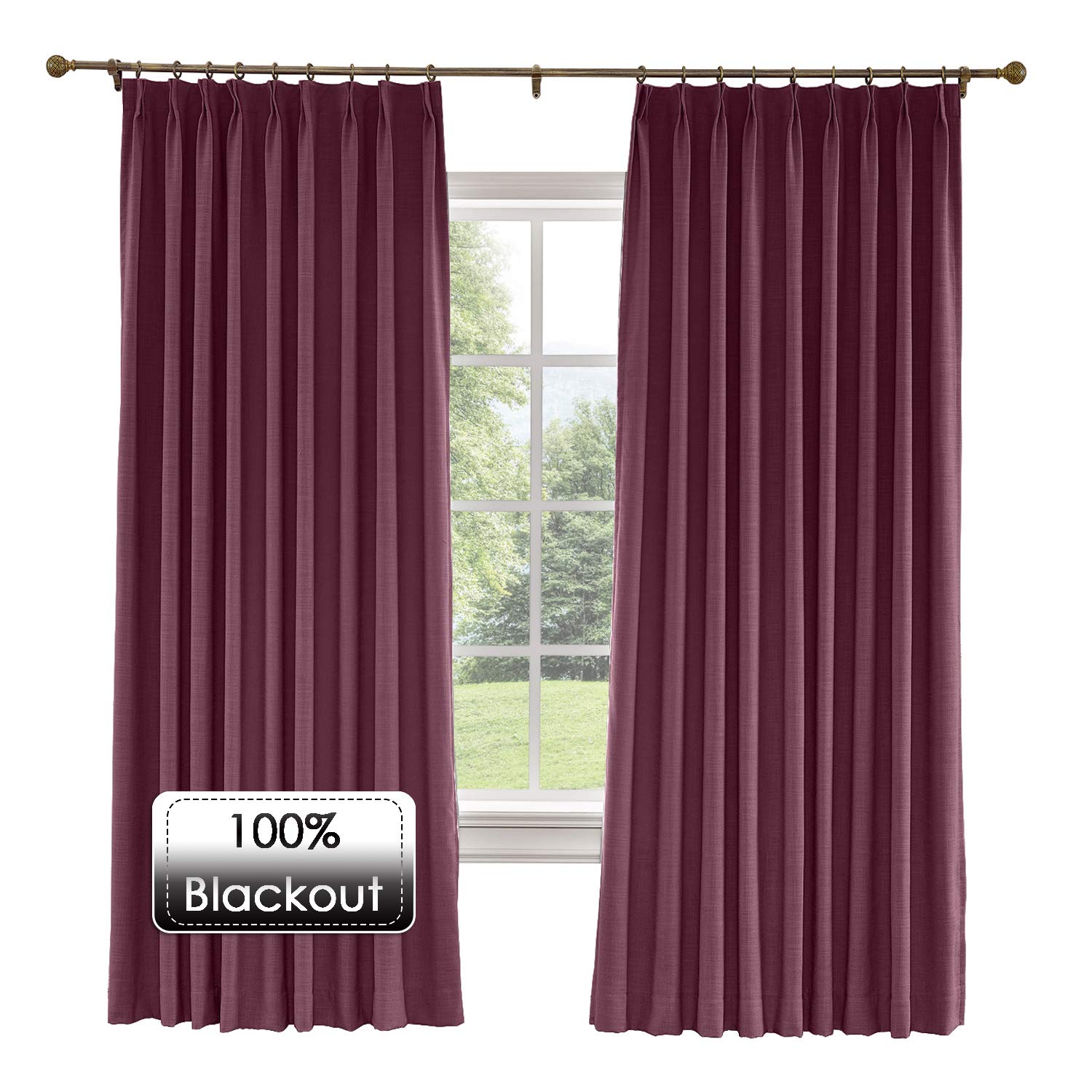 Premium Thermal Insulated Blackout Sliding Door Curtains - 100% Linen Pinch Pleat Window Drapes for Living Room & Bedroom - Plum Color, 100x84 Inches (1 Panel) - Perfect for Patio Doors, Sun Protection & Energy Efficiency