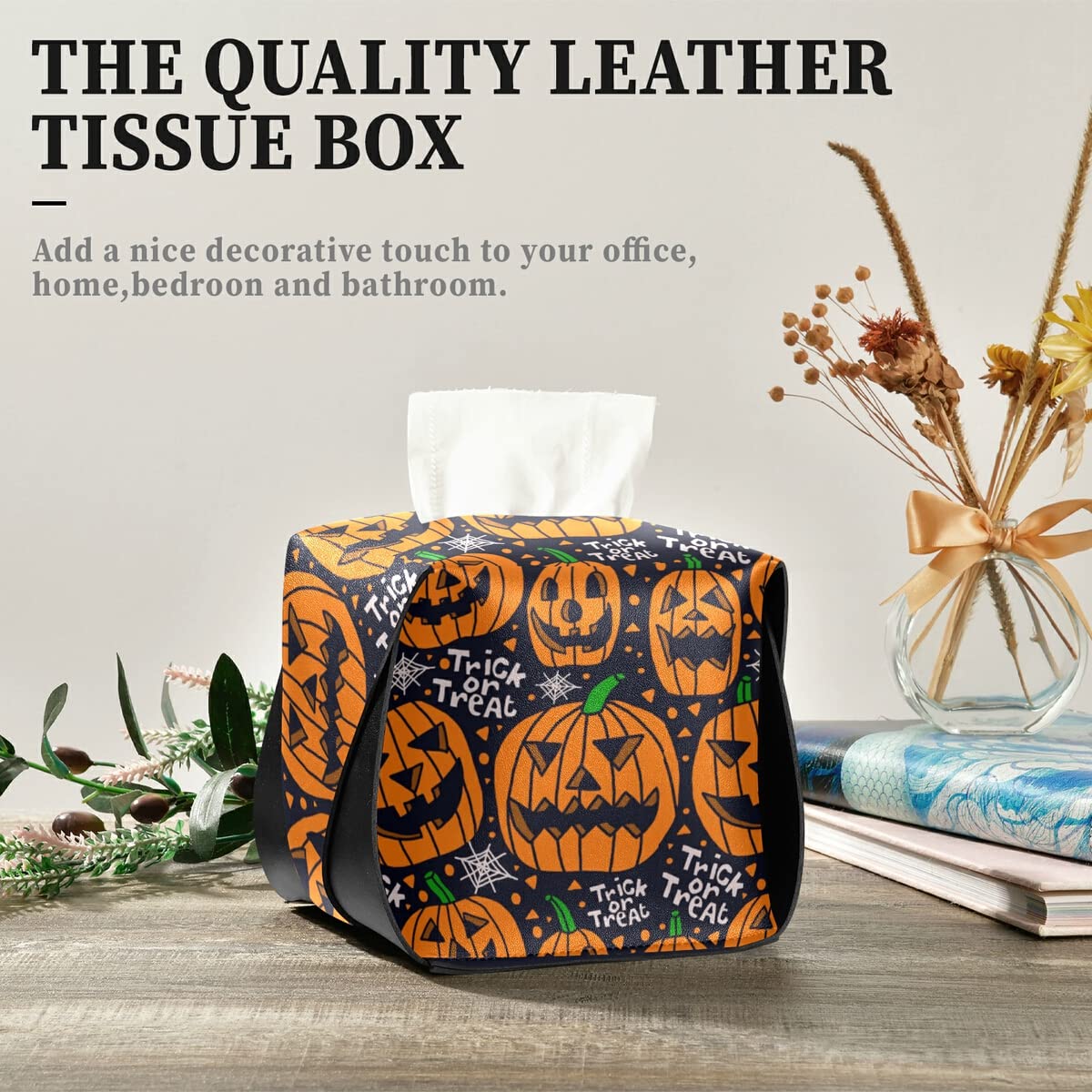 Halloween PU Leather Tissue Box Holder - Rectangle Facial Tissue Dispenser with Hanging Loop for Countertop & Nightstand | Spooky Home Decor for Halloween Party & Fall Season