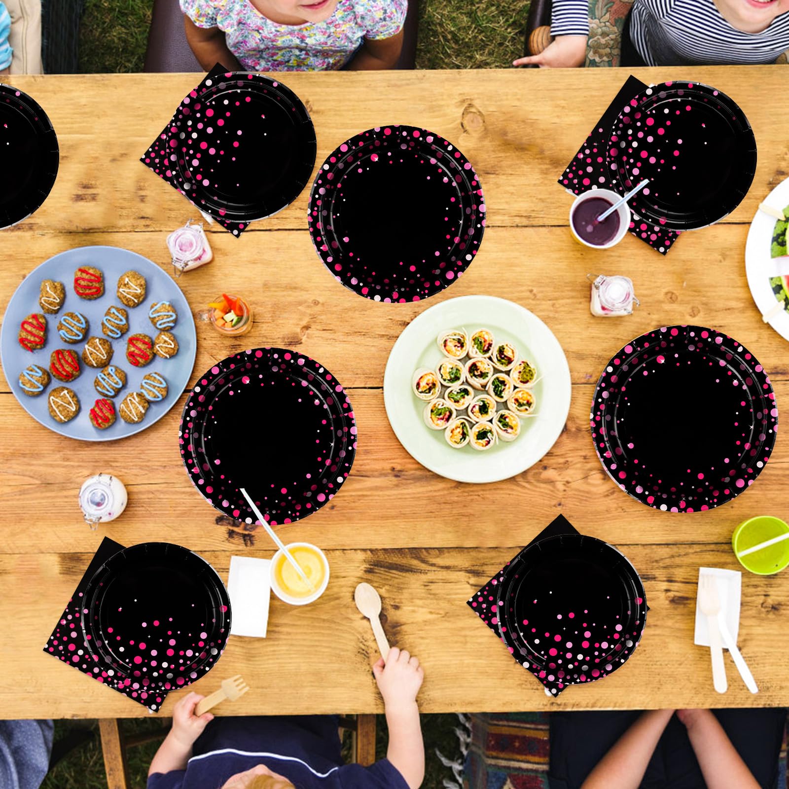 96-Piece Hot Pink & Black Party Supplies Set - 350GSM Dotted Party Plates, Napkins - Bachelorette, Birthday, Wedding Tableware Decor (Serves 24) - Perfect for Bridal Showers, Baby Showers & Themed Parties