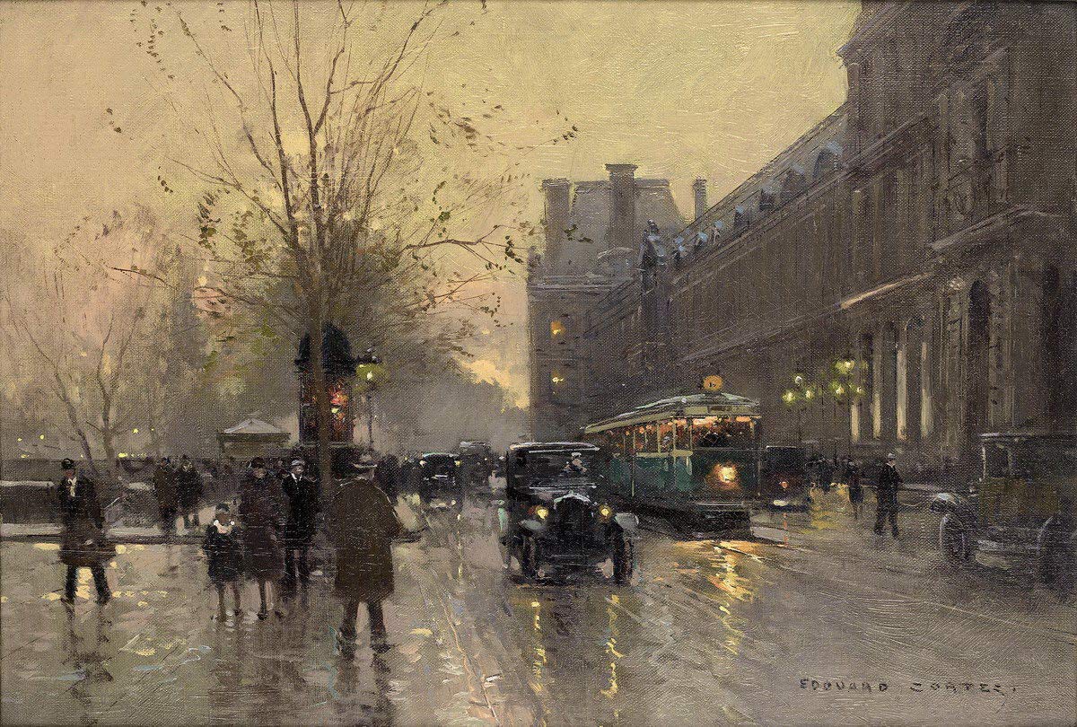 Berkin Arts Edouard Cortes Giclee Print on Paper - Famous Paris Street Scene Painting Reproduction - Fine Art Wall Decor Poster (Along The Louvre) - Perfect for Living Room, Bedroom & Office Decoration