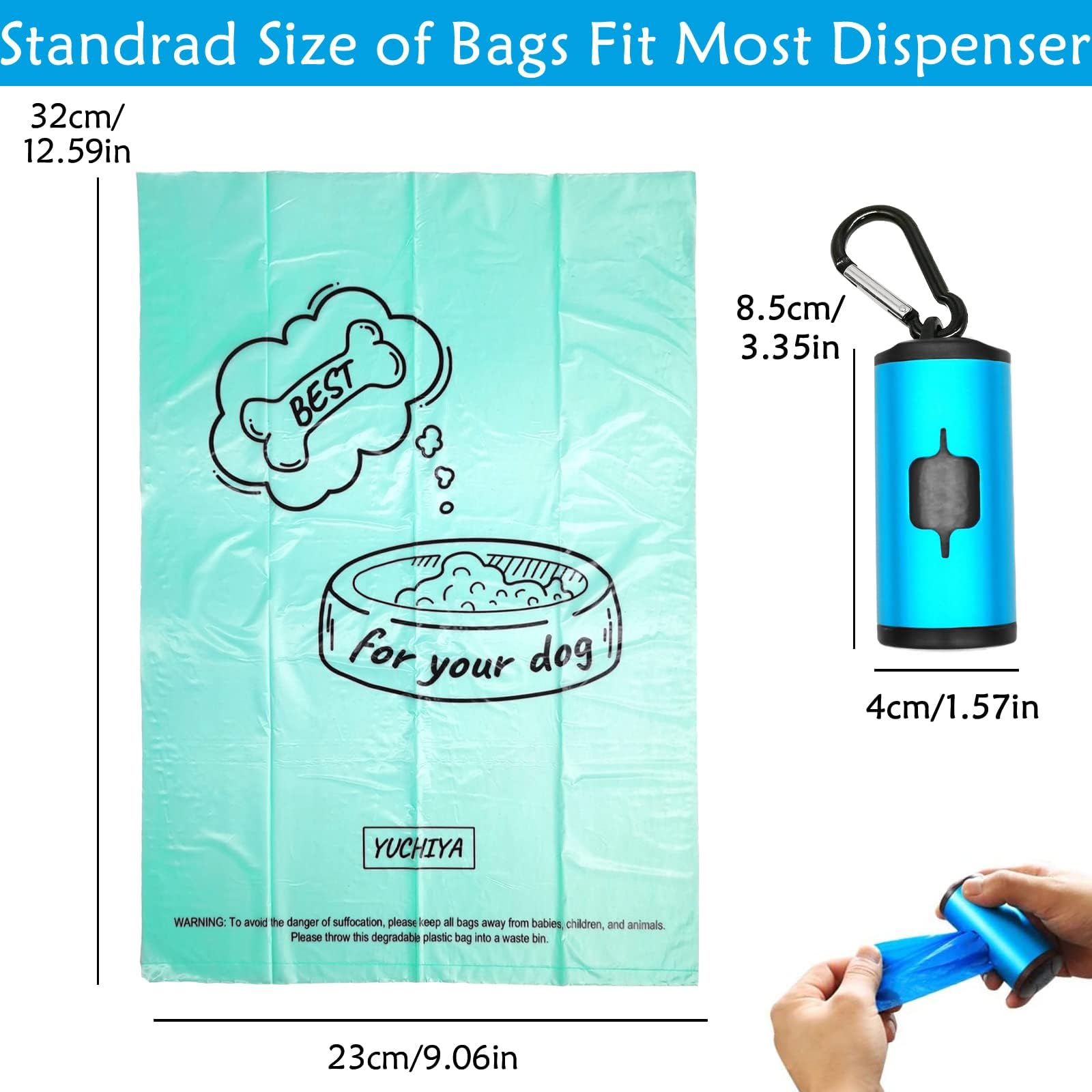 Premium Aluminum Dog Poop Bag Holder with Carabiner - Metal Pet Waste Dispenser with Hook & Loop Fastener, Elastic Cord & 195 Bags (Blue) - Ideal for Walking, Hiking & Outdoor Adventures with Your Dog