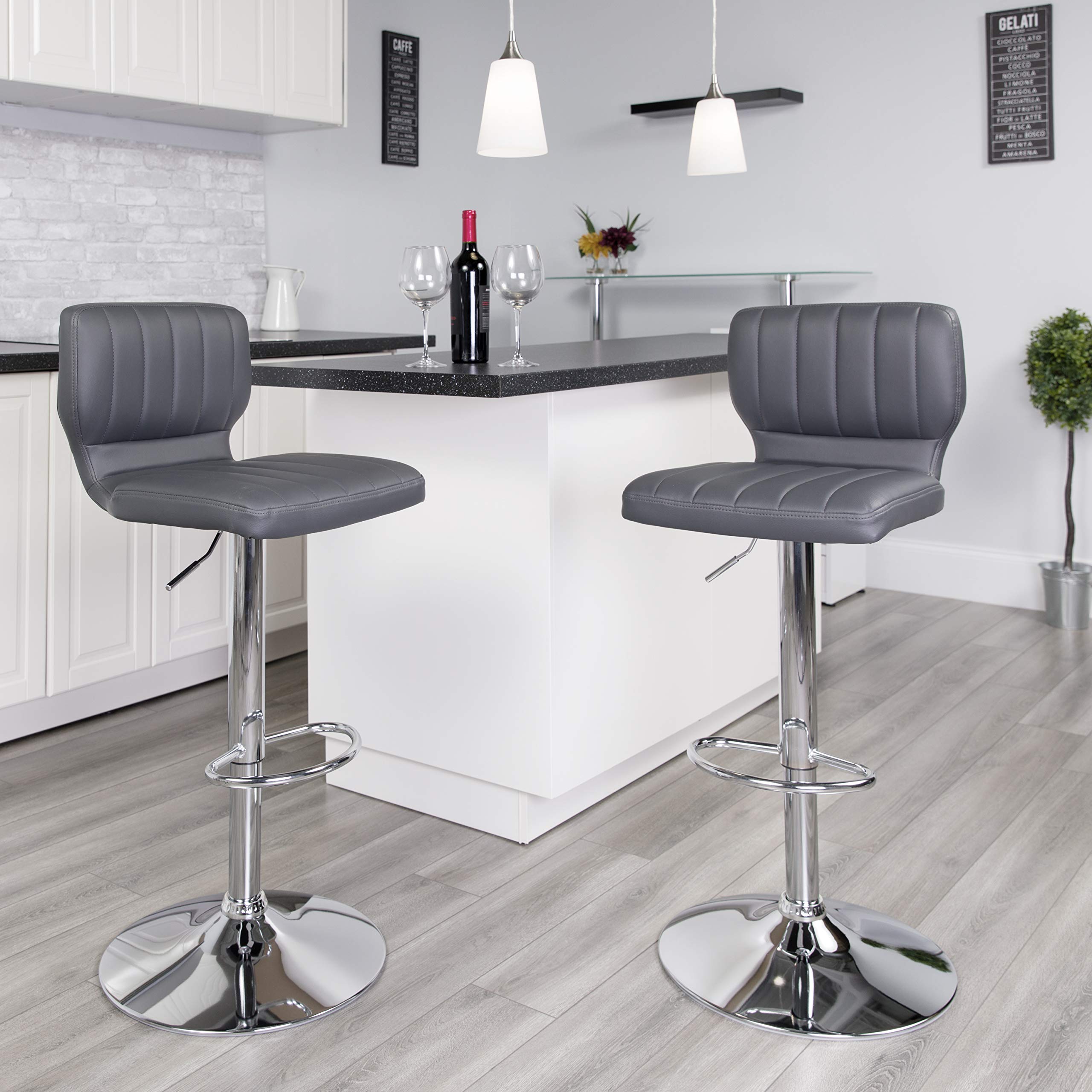 2 Pack Adjustable Height Barstools - Gray Vinyl Upholstery with Vertical Stitch Back & Chrome Base - Perfect for Kitchen Island, Breakfast Bar or Home Pub Decor