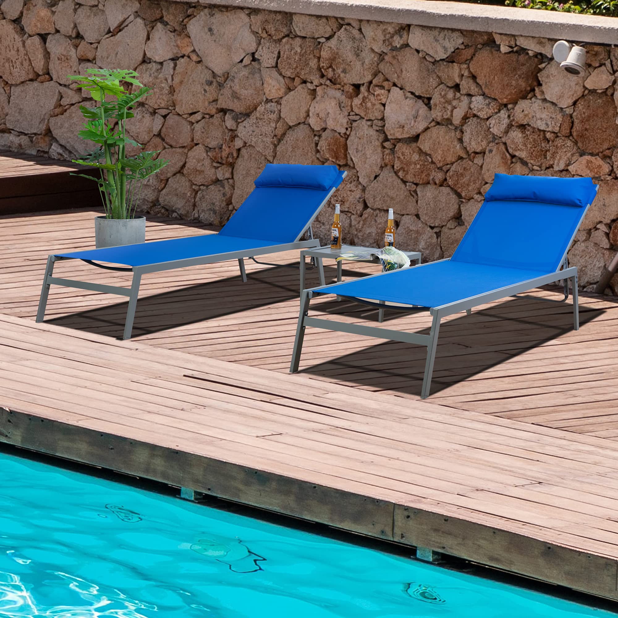 Kozyard Wilson 3-Piece Textilene Chaise Lounge Set with Side Table - Adjustable Back & Cushion for Patio, Poolside, Garden, Beach - Outdoor Furniture for Relaxing & Sunbathing (Blue, 2 Pack)