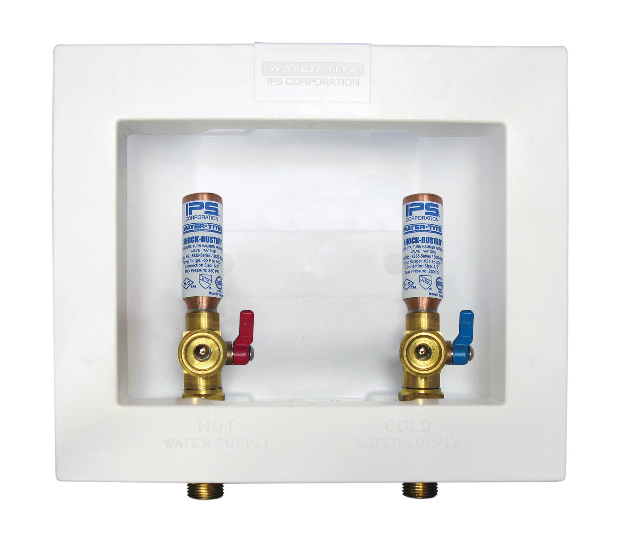 85711 Econo Box Center-Drain Washing Machine Outlet Box with Quarter-Turn Brass Hammer Arrester Valves - 1/2