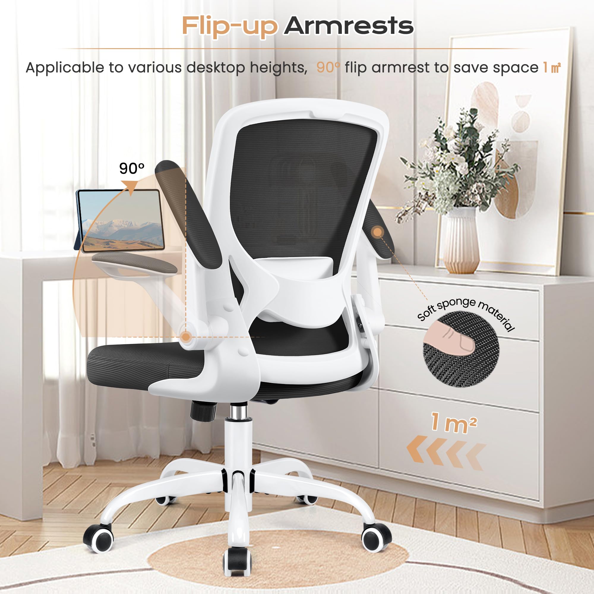 KERDOM Ergonomic Office Chair - Breathable Mesh Computer Desk Chair with Lumbar Support, Wheels & Flip-Up Arms - Adjustable Height Swivel Task Chair for Home Office & Gaming (White) - Perfect for Long Work Sessions, Online Classes & PC Gaming
