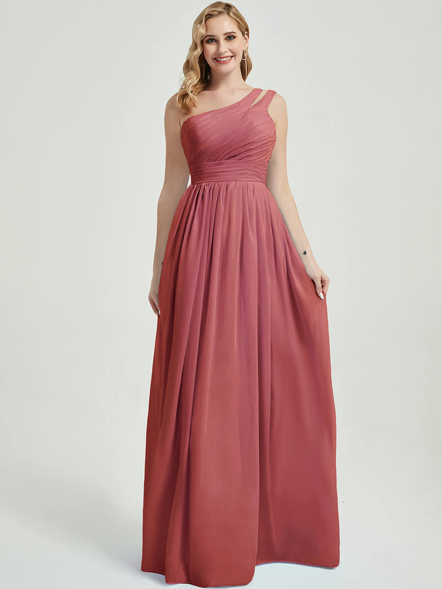 Elegant Desert Rose Pleated One Shoulder Floor-Length Chiffon Bridesmaid Dress for Weddings & Formal Events