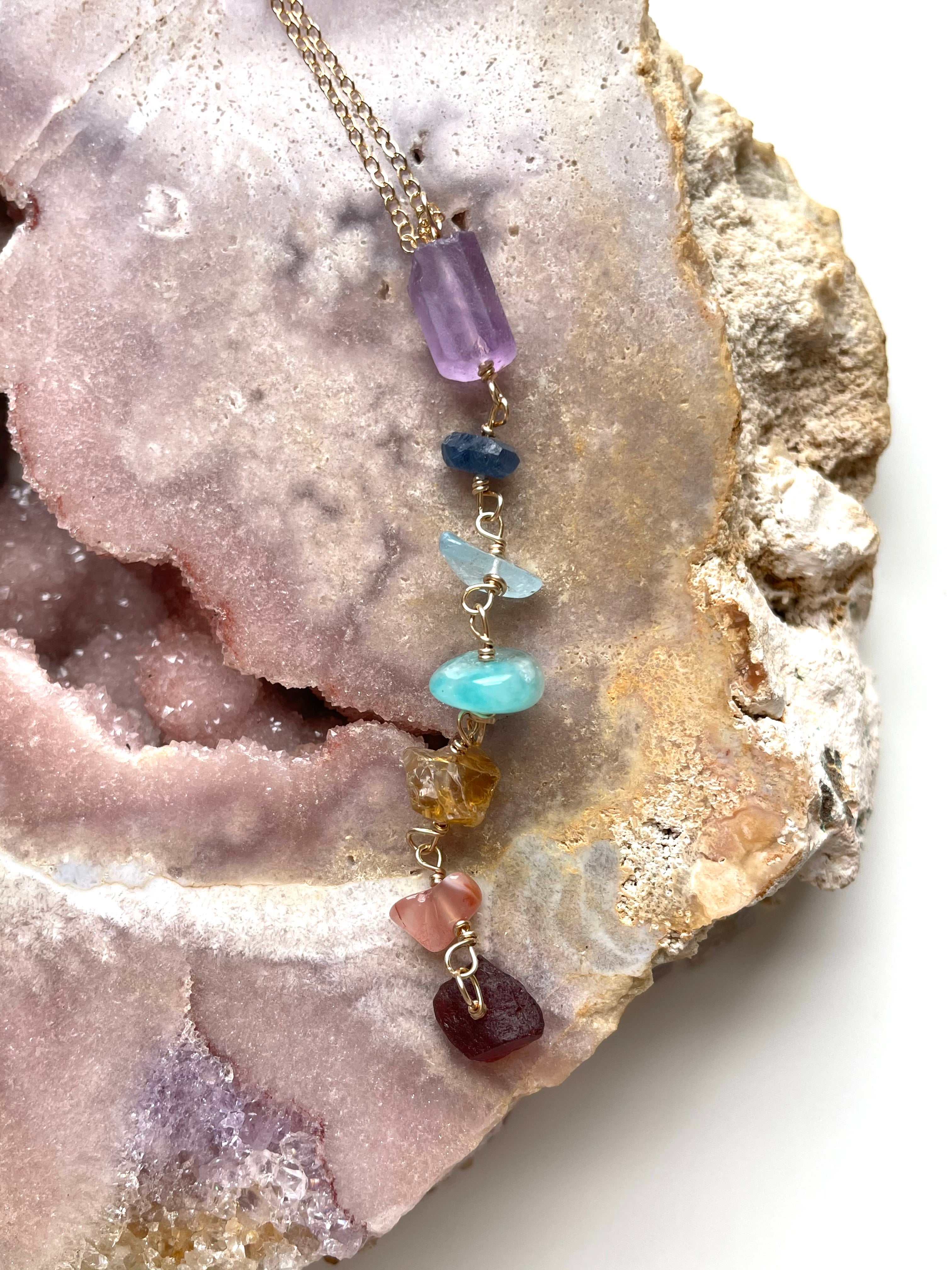 Raw Chakra Lariat Dangle Necklace - Spiritual Y Necklace for Women | Yoga Meditation Jewelry, Boho Chic Layered Necklace for Positive Energy