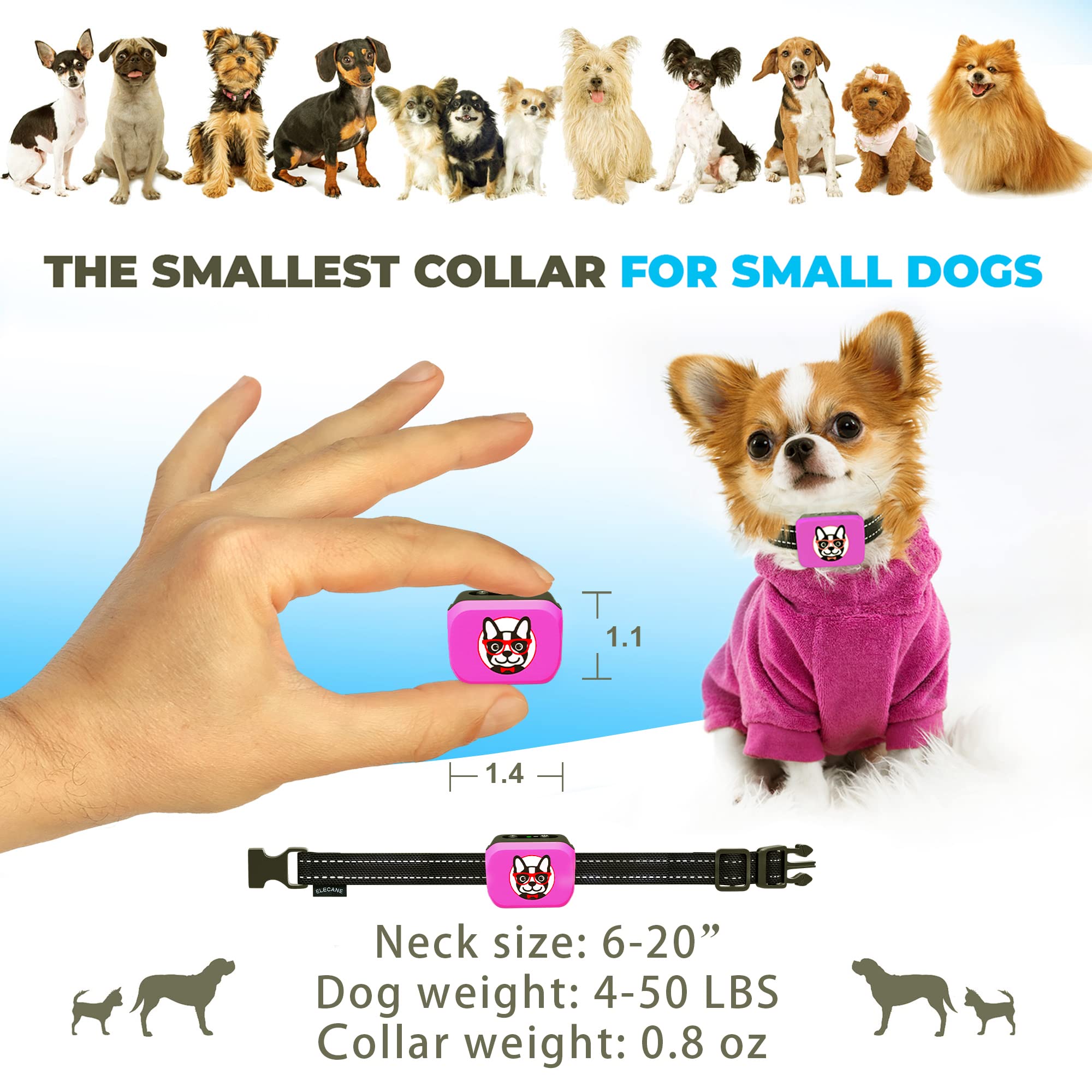 Rechargeable Small Dog Bark Collar for Dogs 5-15lbs - Humane No Shock Anti-Barking Training Collar - Lightweight Pet Bark Control Device (Pink) - Perfect for Indoor Use, Apartment Living & Noise-Sensitive Environments